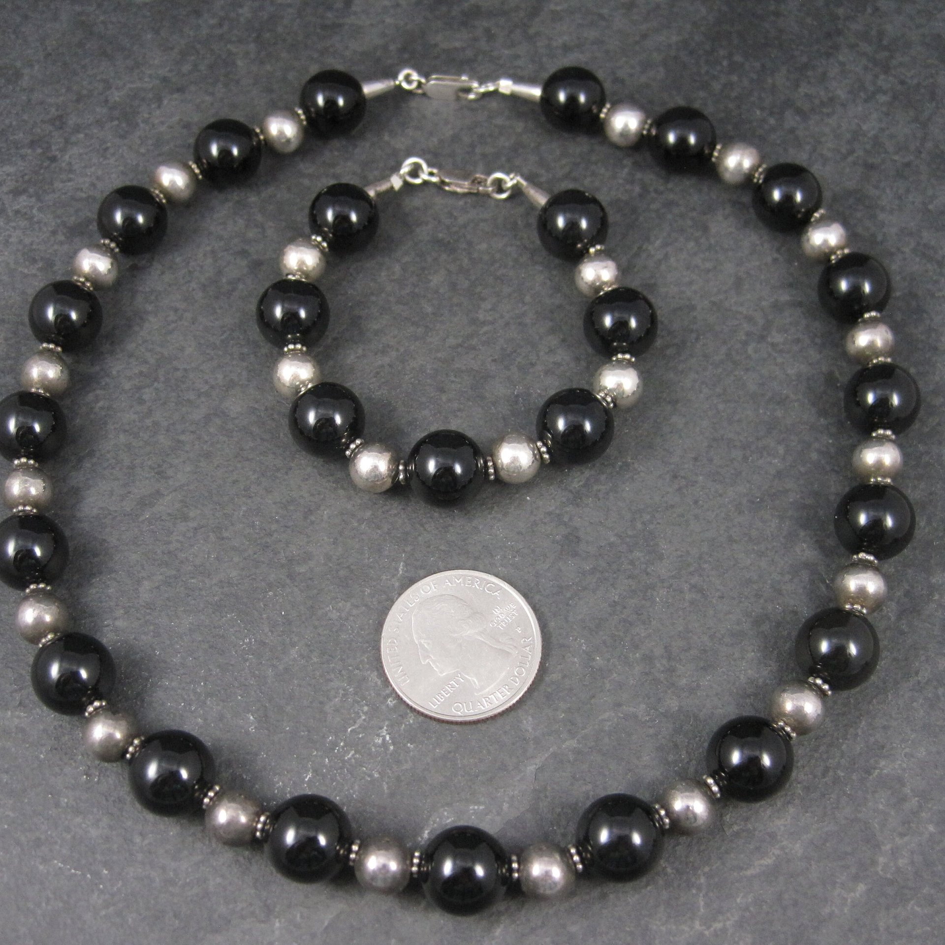 Vintage Black Sterling Bead Necklace and Bracelet Set