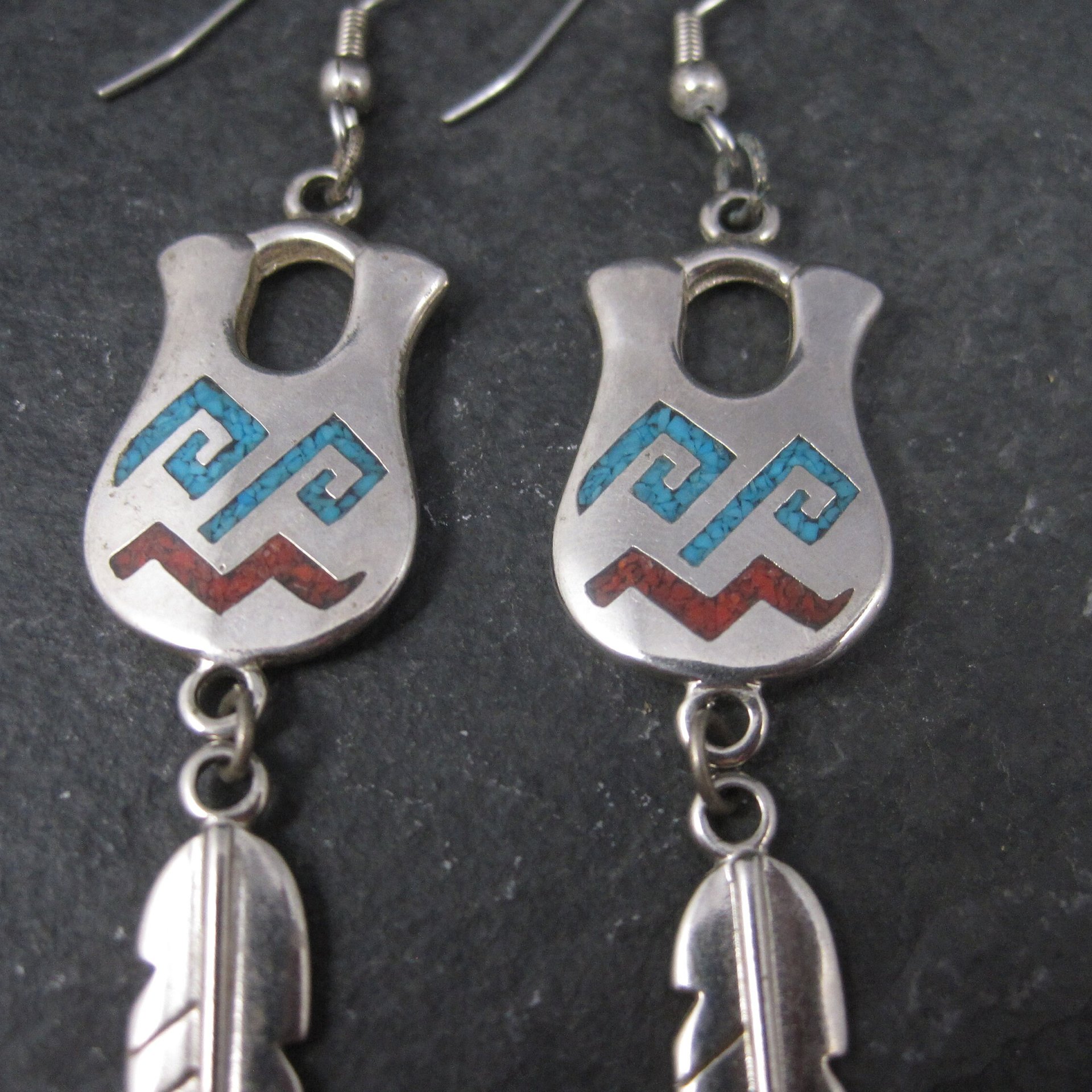 Vintage Southwestern Sterling Turquoise Coral Pot Feather Earrings