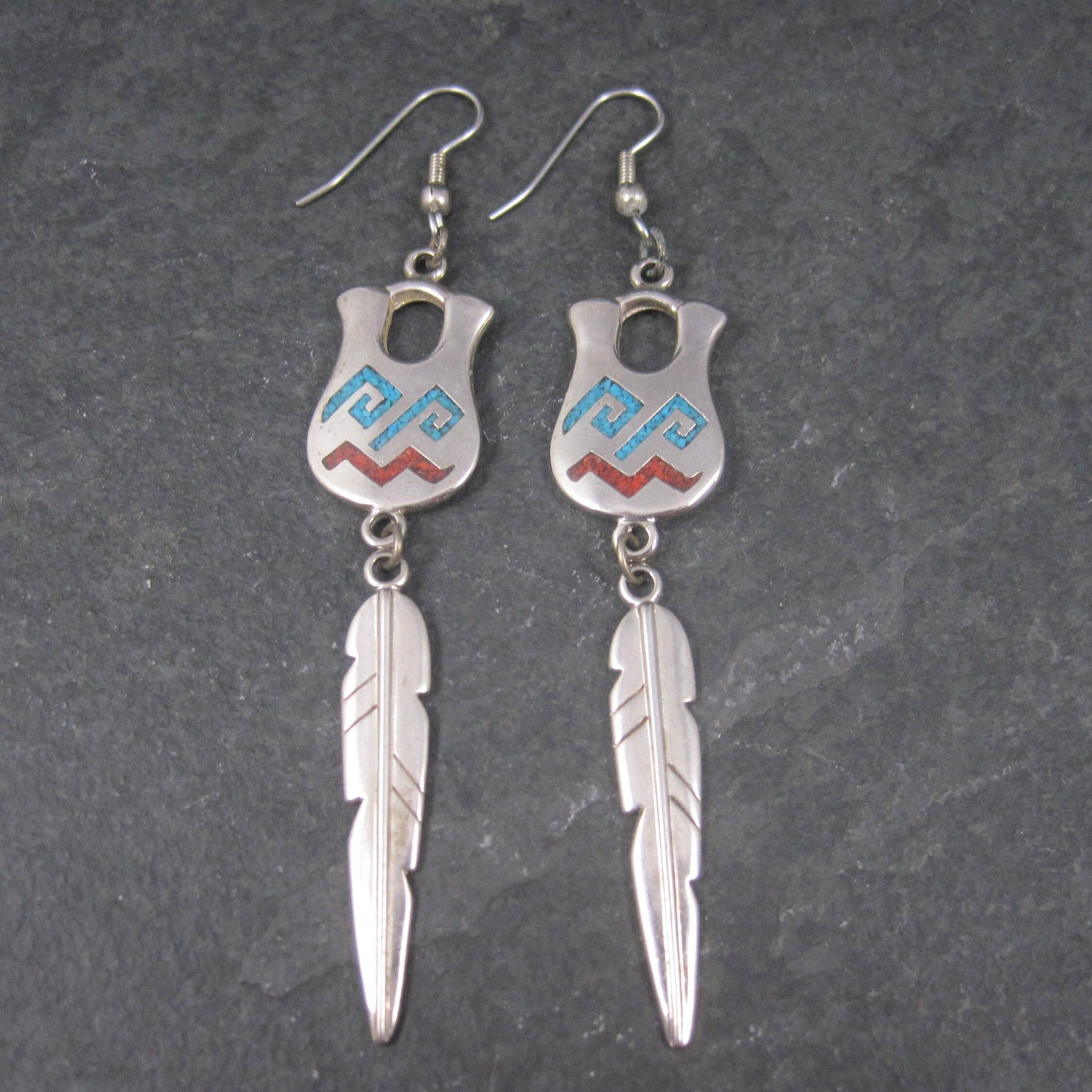 Vintage Southwestern Sterling Turquoise Coral Pot Feather Earrings