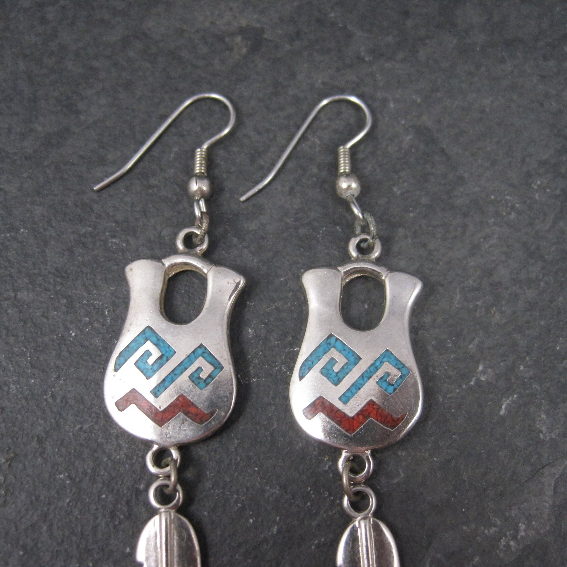 Vintage Southwestern Sterling Turquoise Coral Pot Feather Earrings