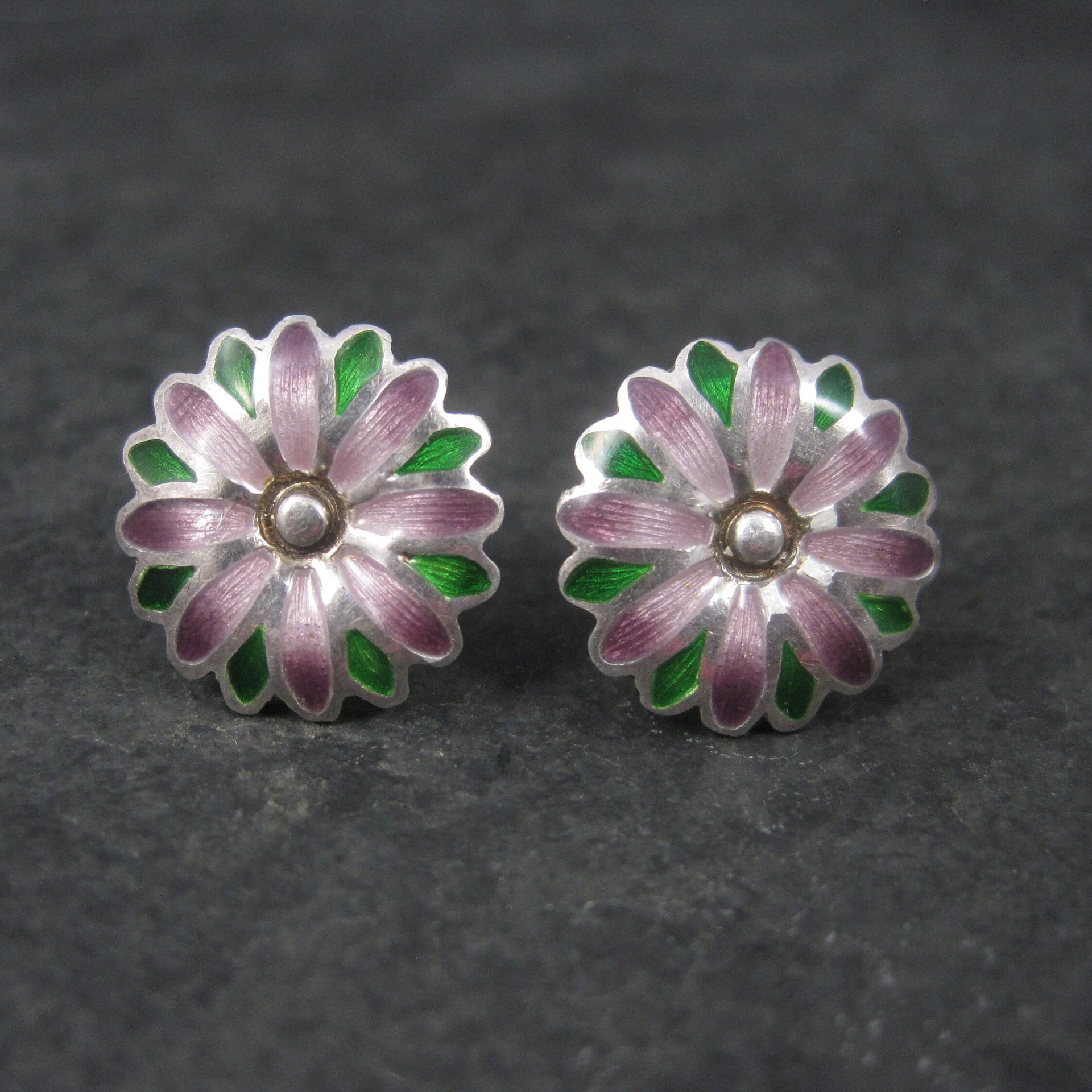 Vintage 980 Sterling Purple Enamel Flower Earrings