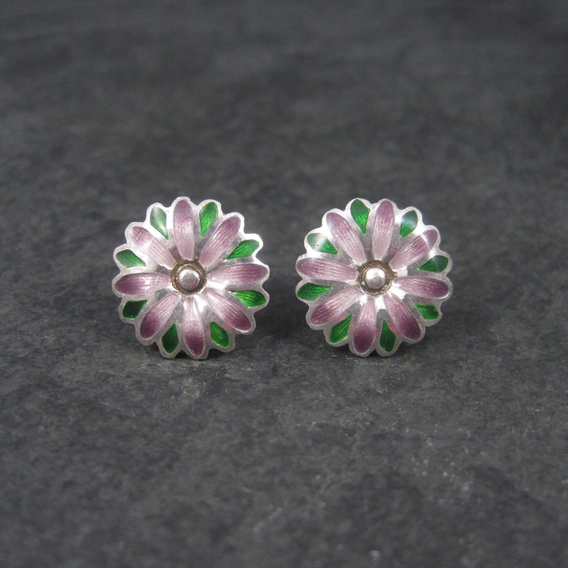 Vintage 980 Sterling Purple Enamel Flower Earrings