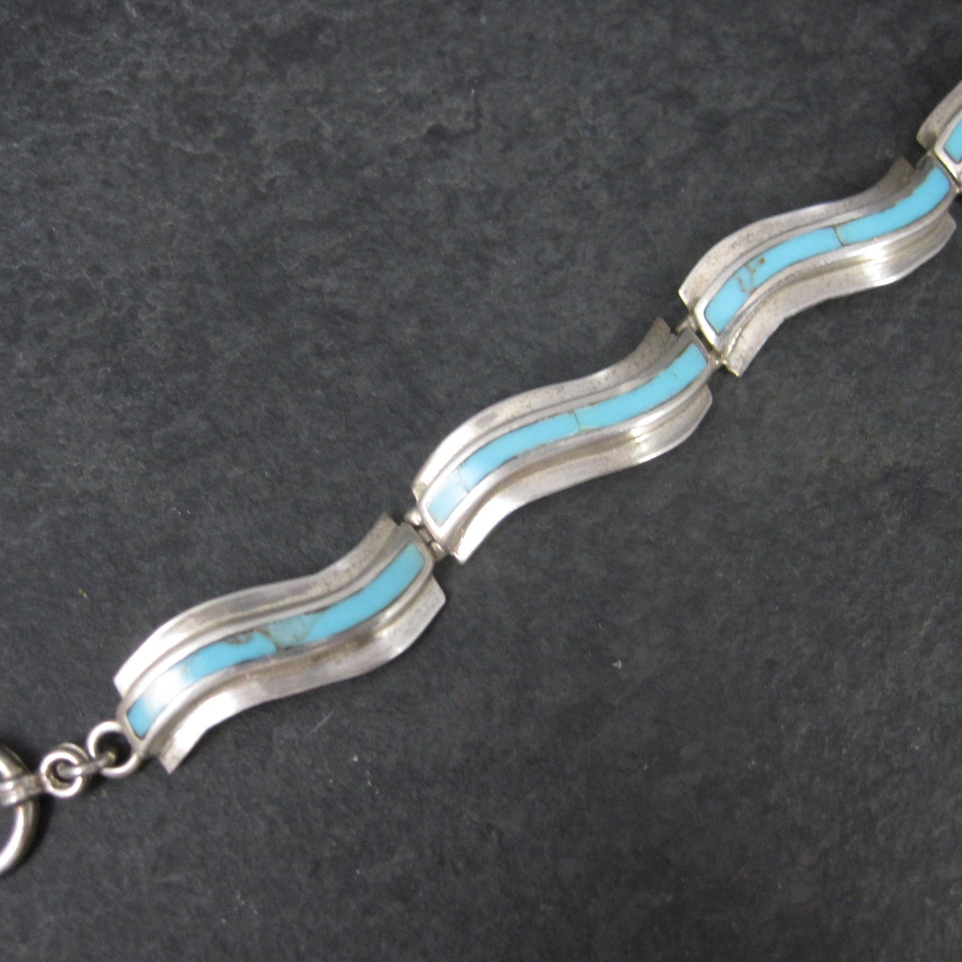 Estate Southwestern Sterling Turquoise Inlay Toggle Bracelet