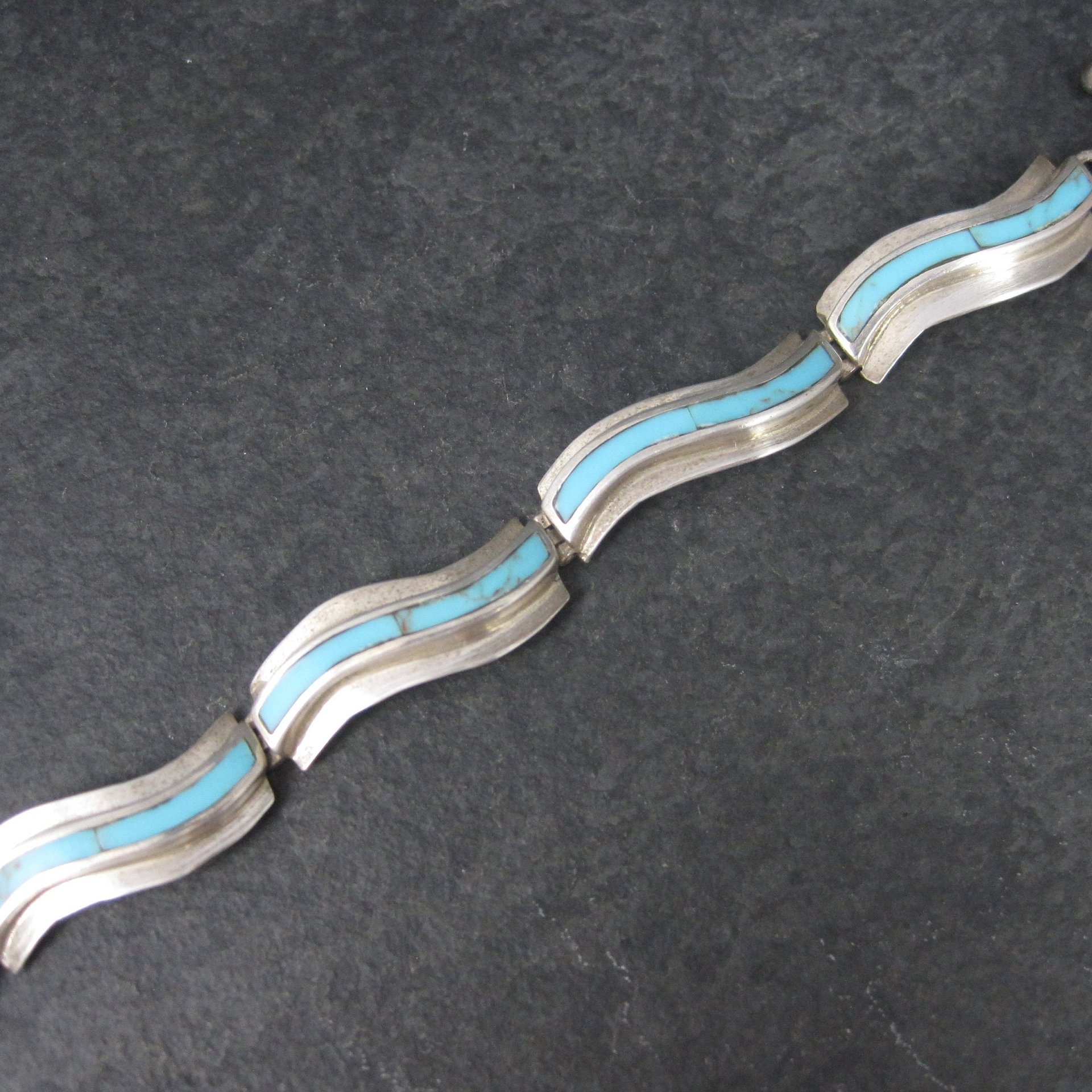 Estate Southwestern Sterling Turquoise Inlay Toggle Bracelet