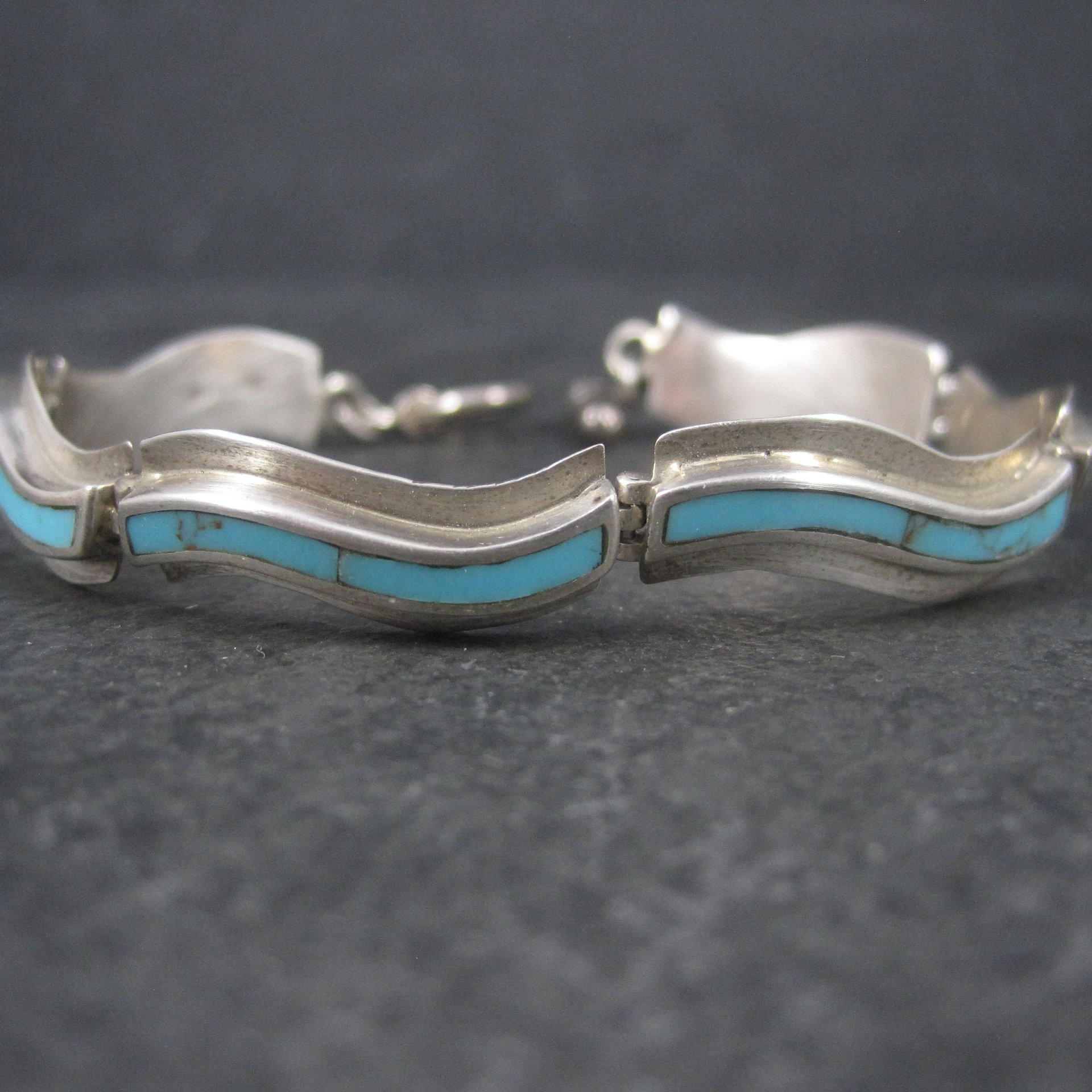 Estate Southwestern Sterling Turquoise Inlay Toggle Bracelet