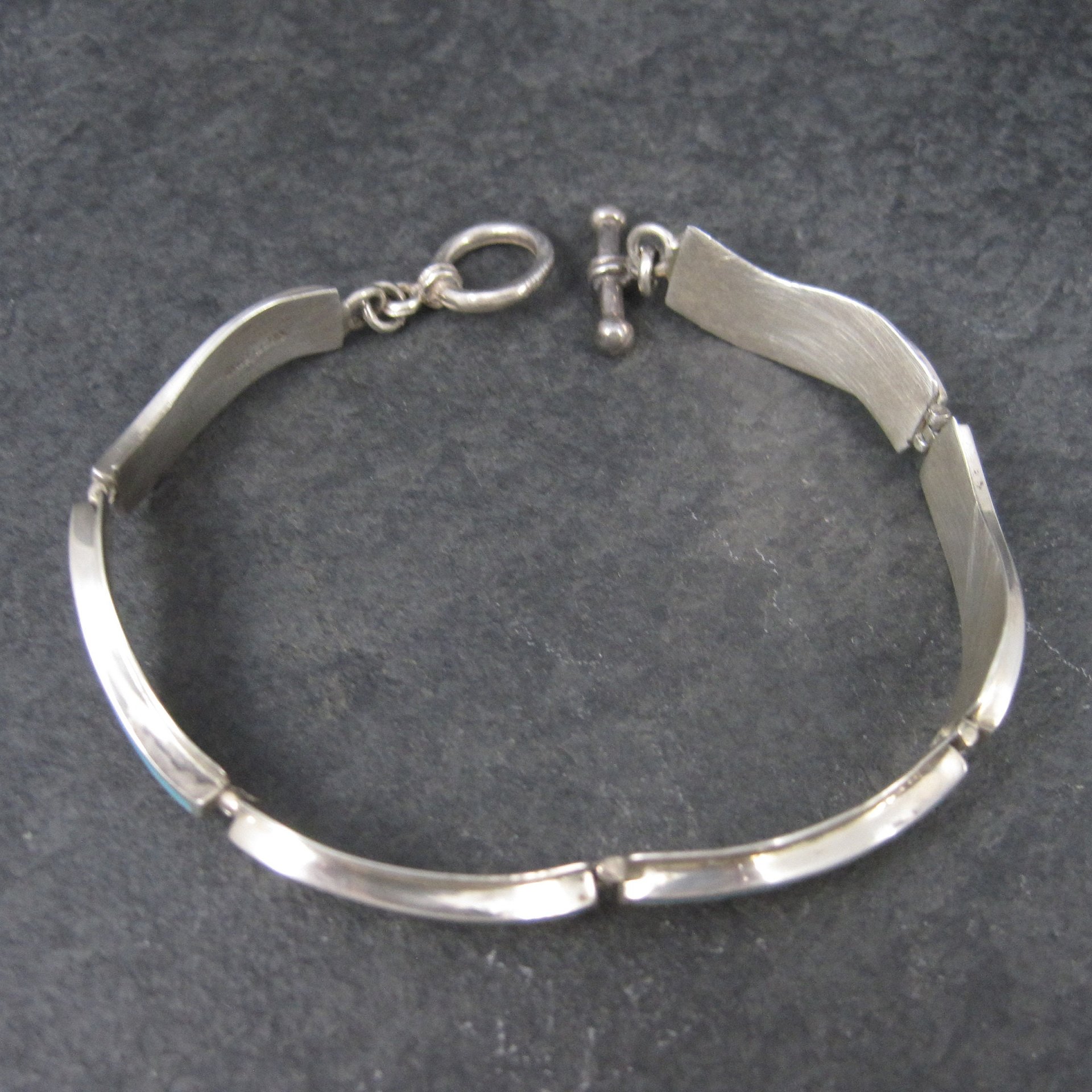 Estate Southwestern Sterling Turquoise Inlay Toggle Bracelet