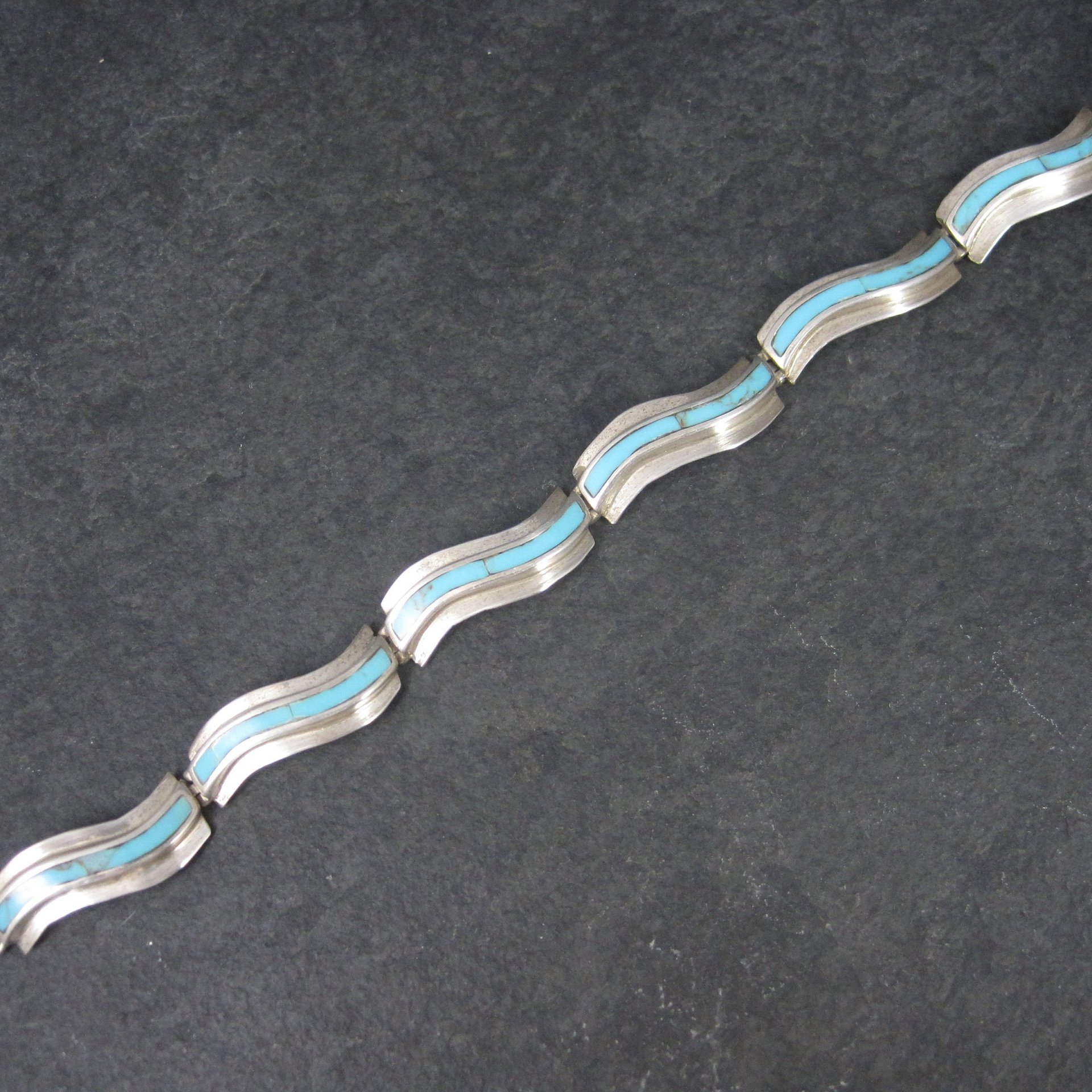 Estate Southwestern Sterling Turquoise Inlay Toggle Bracelet