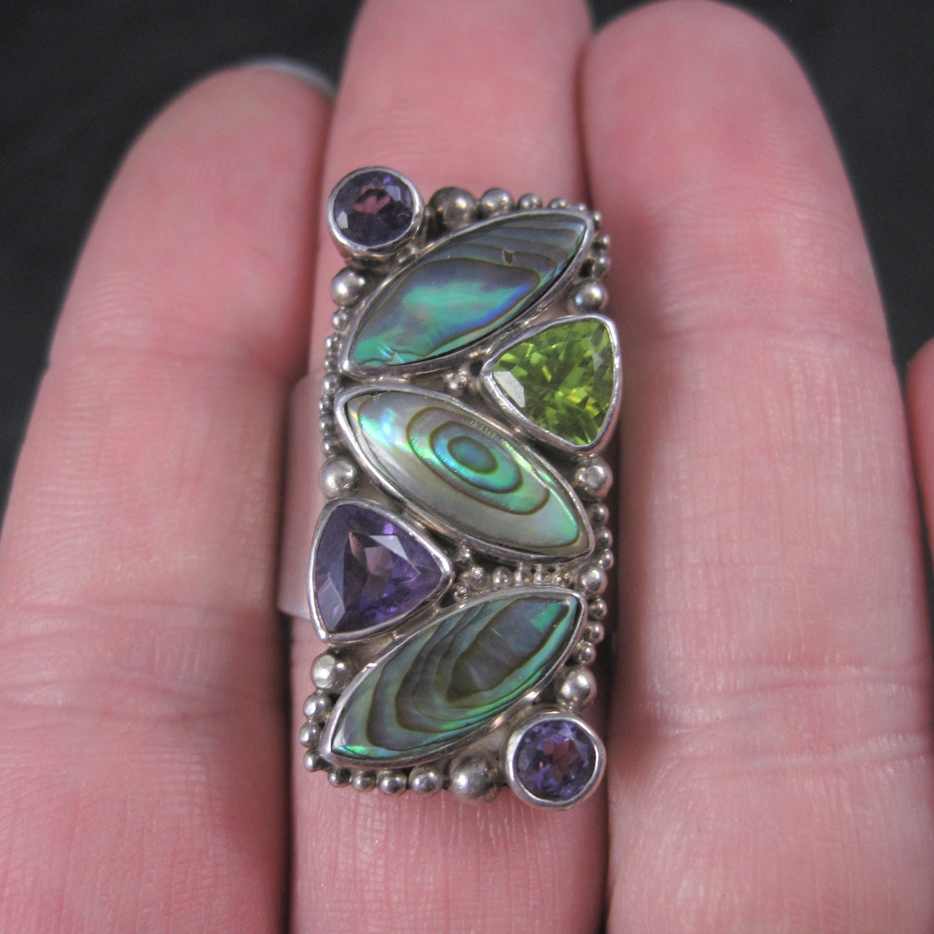 Vintage Sajen Sterling Abalone Amethyst Peridot Ring Size 7