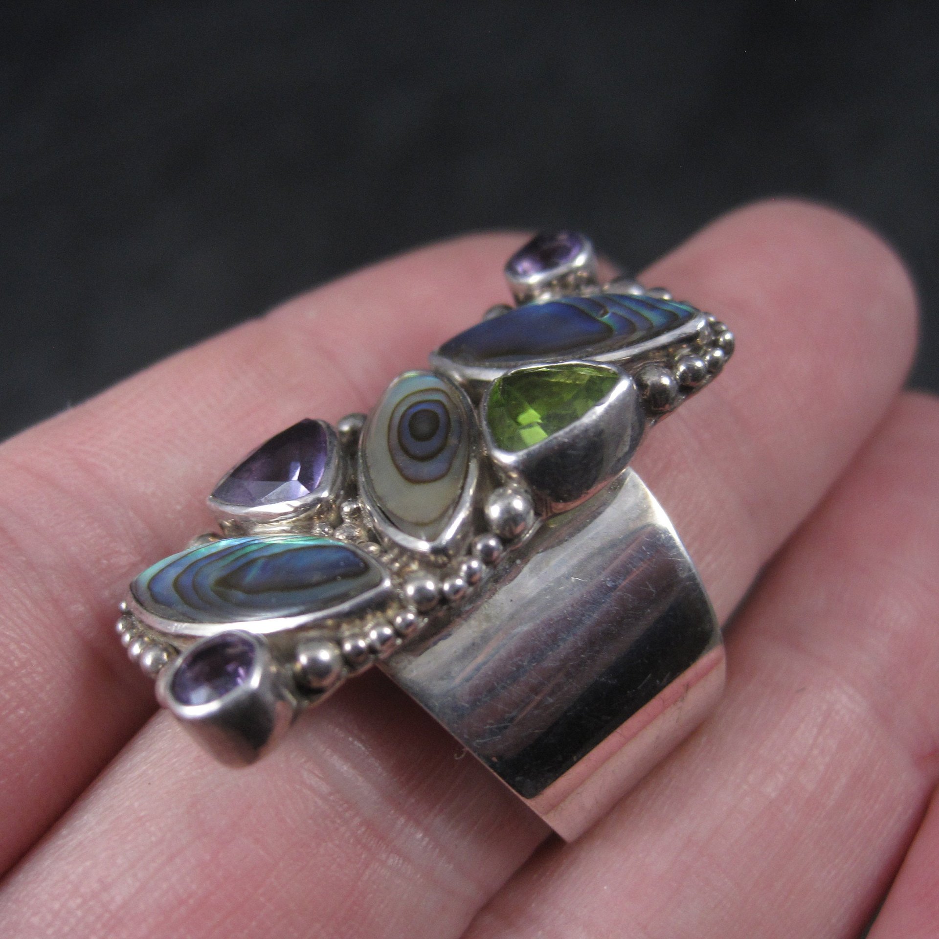 Vintage Sajen Sterling Abalone Amethyst Peridot Ring Size 7