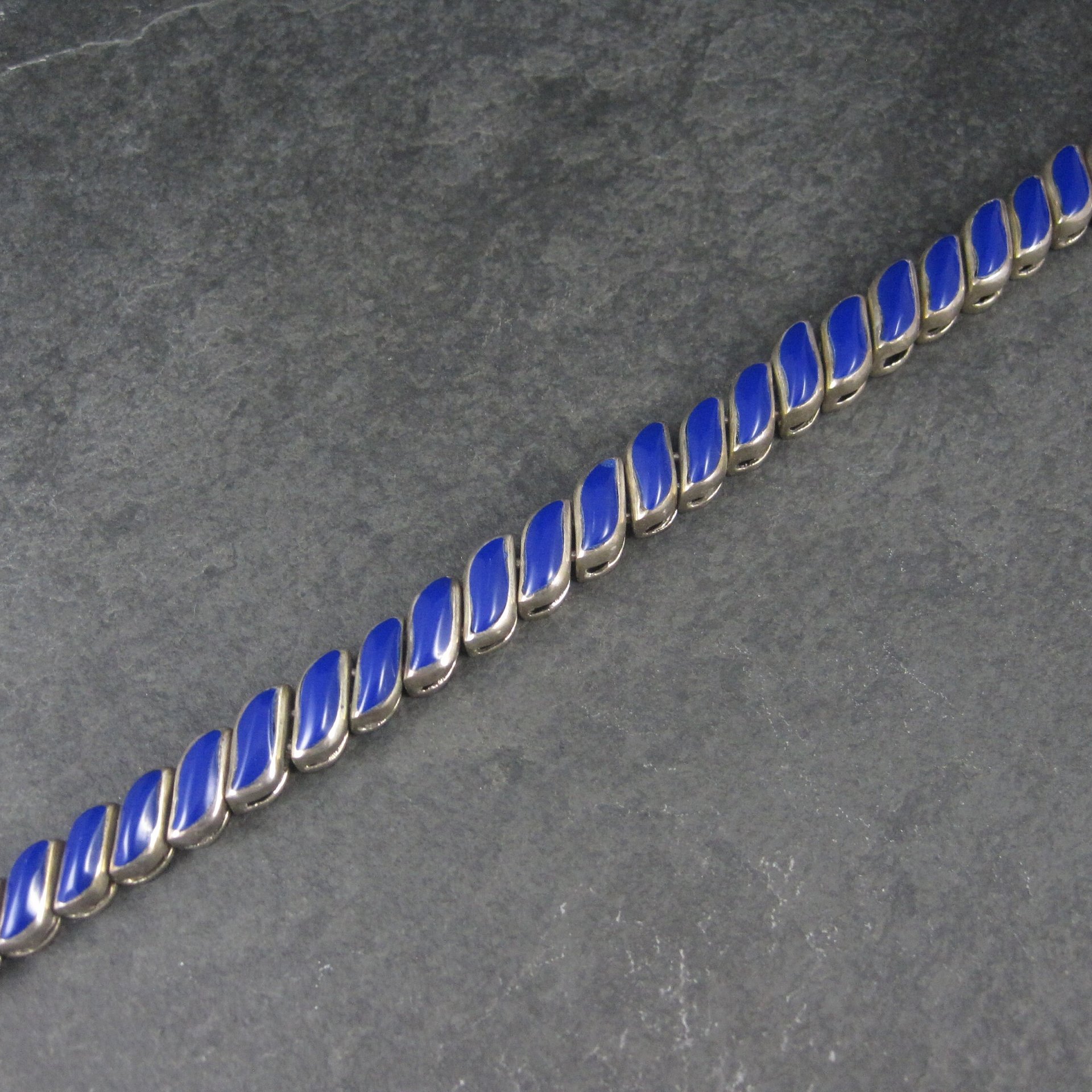 Heavy Vintage 950 Sterling Blue Glass Bracelet 8.25 Inches