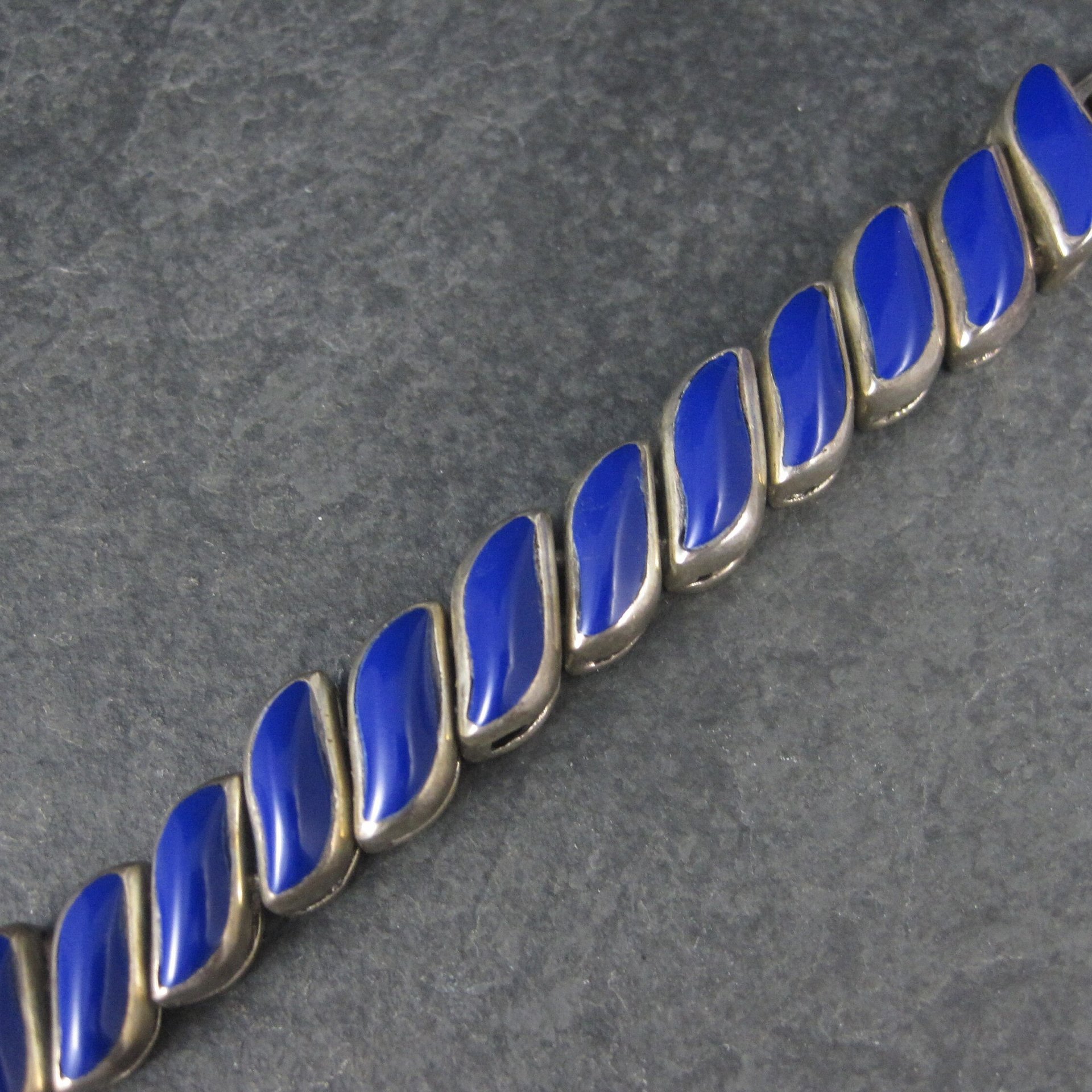 Heavy Vintage 950 Sterling Blue Glass Bracelet 8.25 Inches