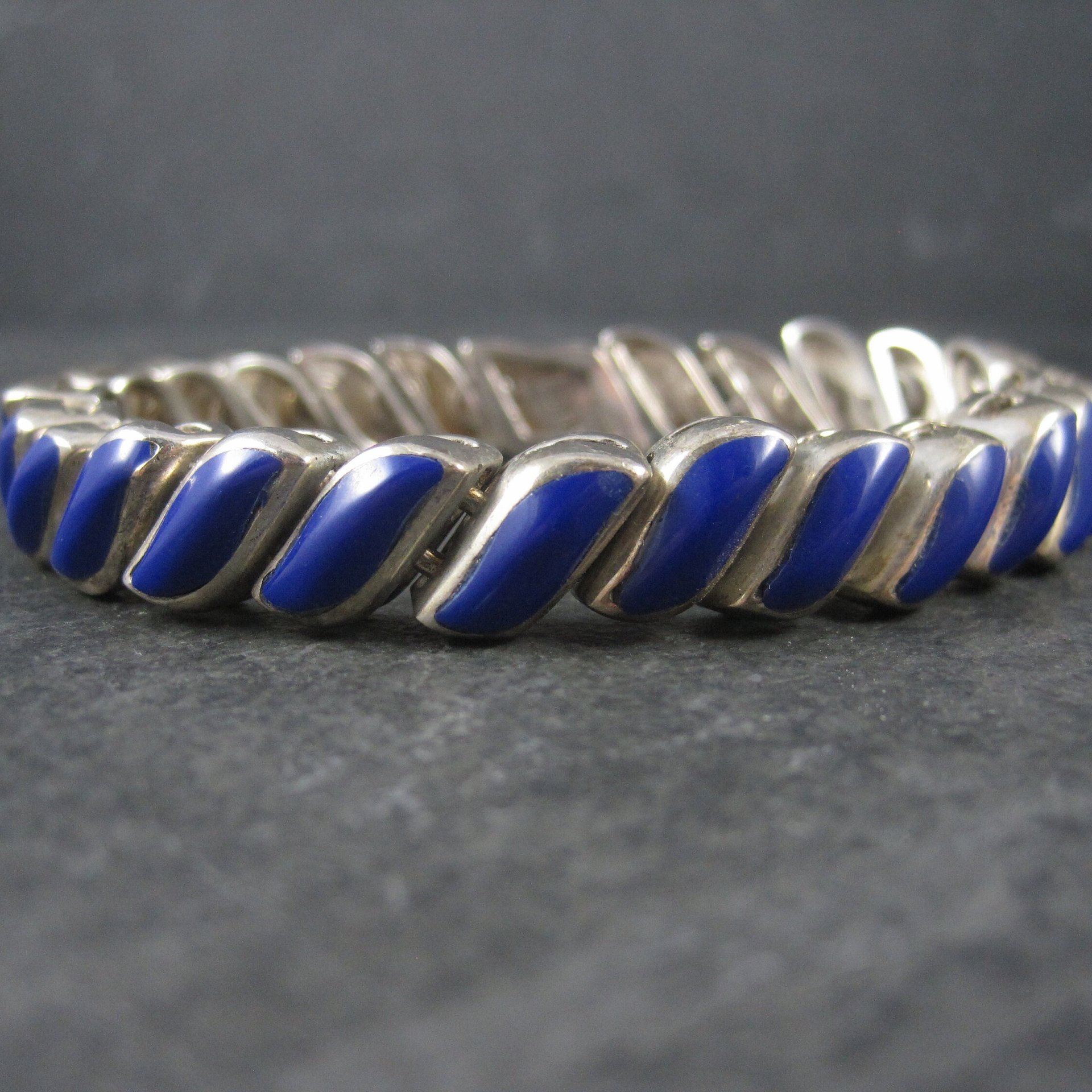 Heavy Vintage 950 Sterling Blue Glass Bracelet 8.25 Inches