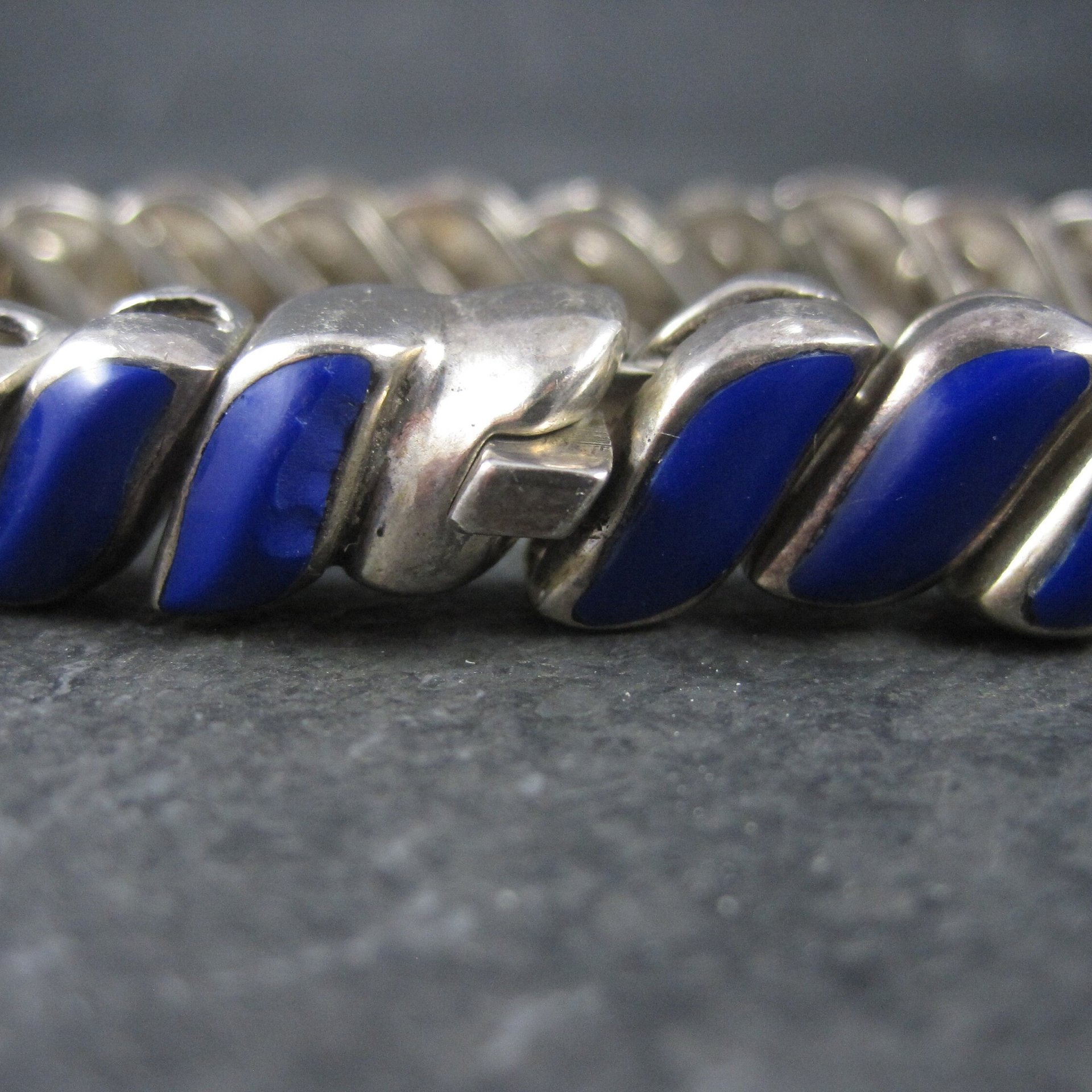 Heavy Vintage 950 Sterling Blue Glass Bracelet 8.25 Inches