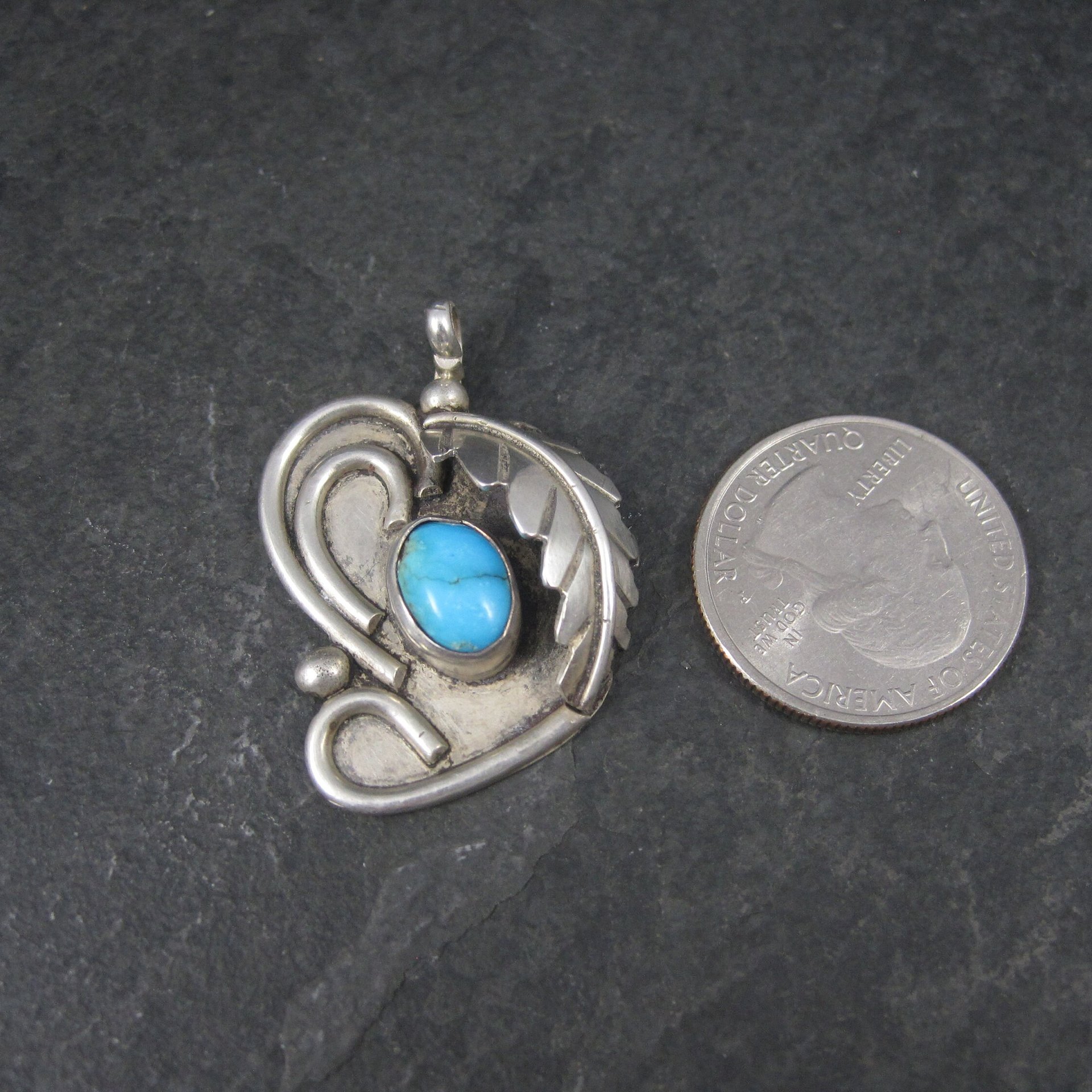 Vintage Navajo Sterling Turquoise Feather Pendant Steven Apache