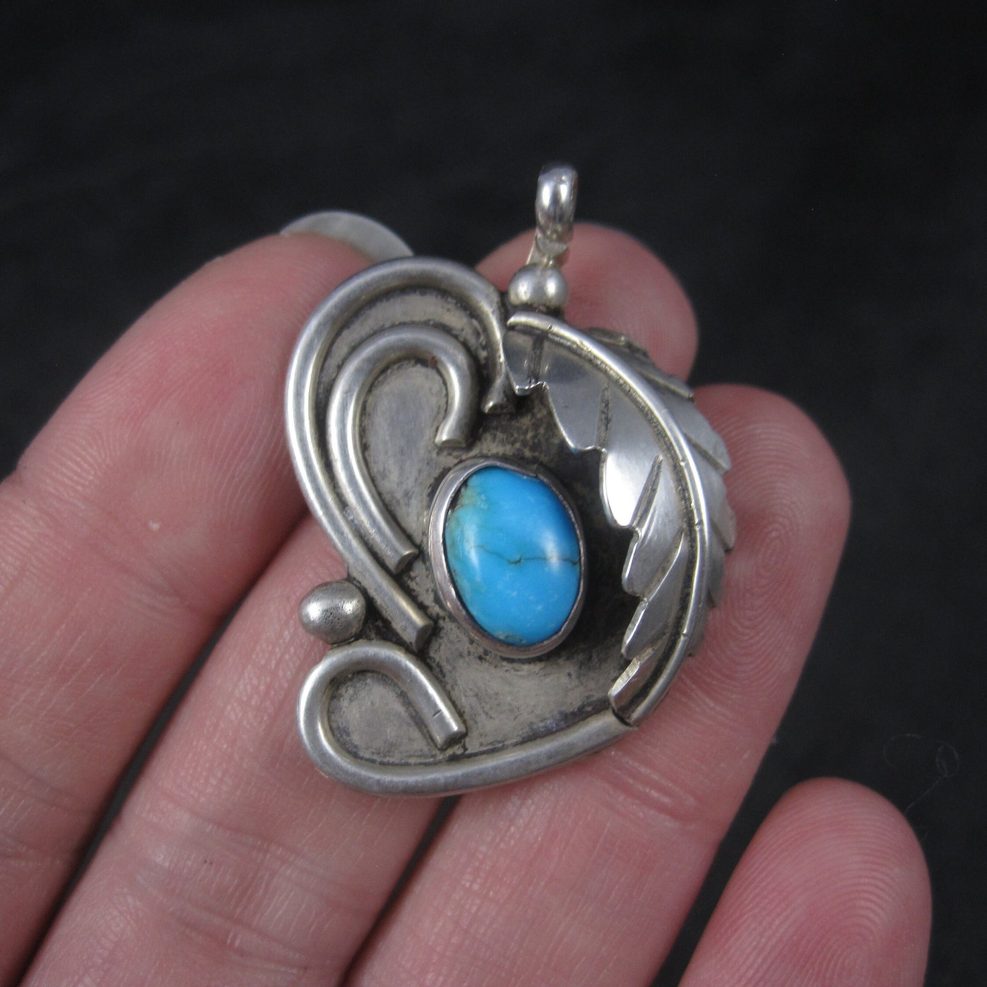 Vintage Navajo Sterling Turquoise Feather Pendant Steven Apache