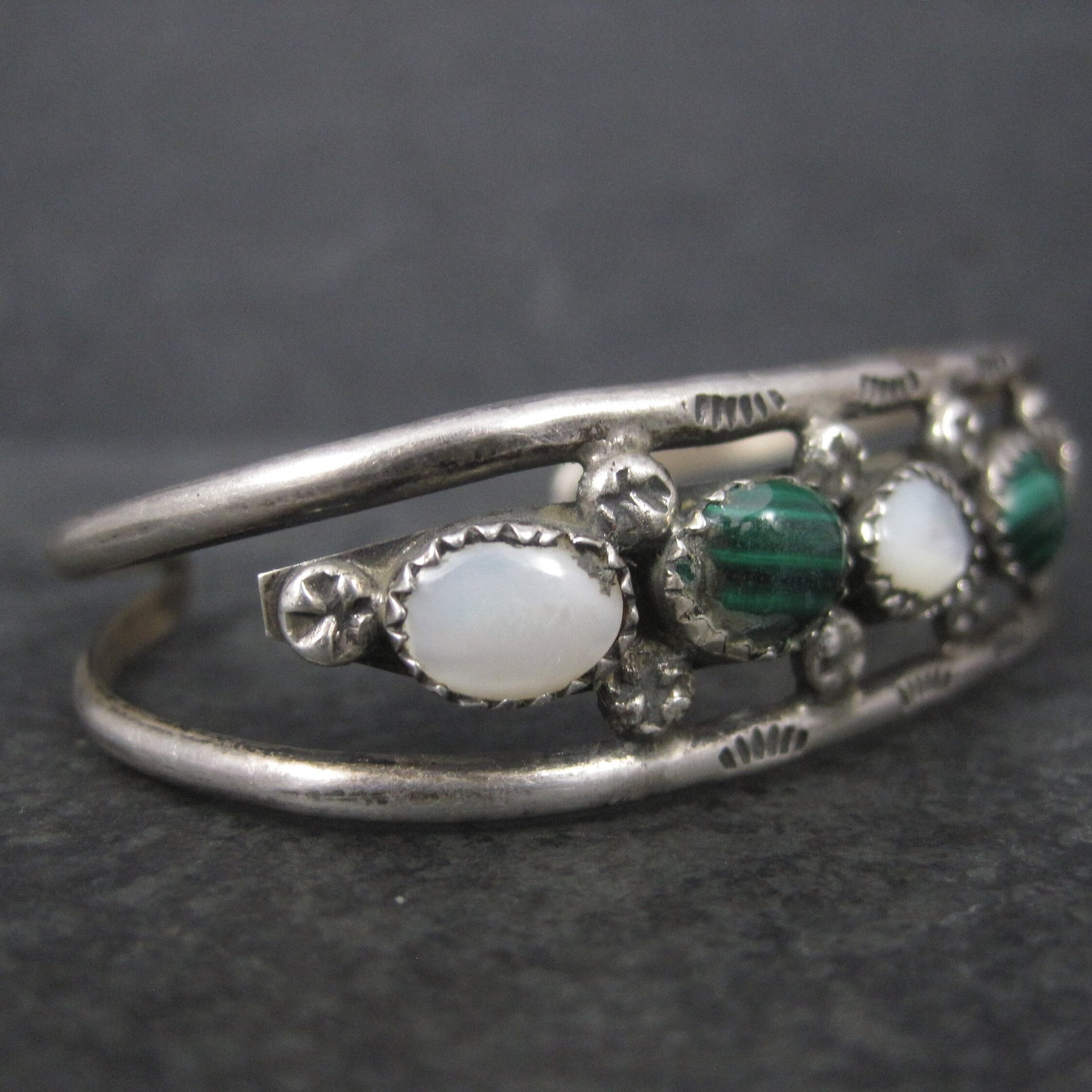 Vintage Southwestern Sterling Malachite Mother of Pearl Cuff Bracelet 6 Inches