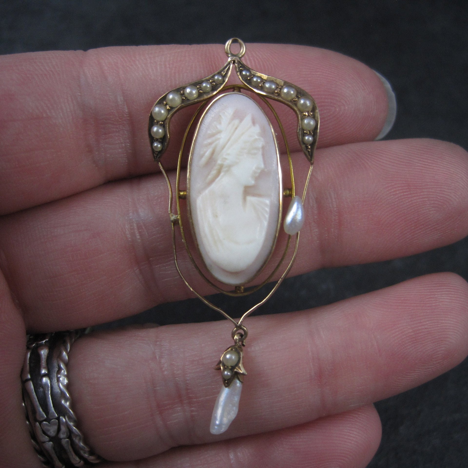 Antique 10K Seed Pearl Cameo Pendant