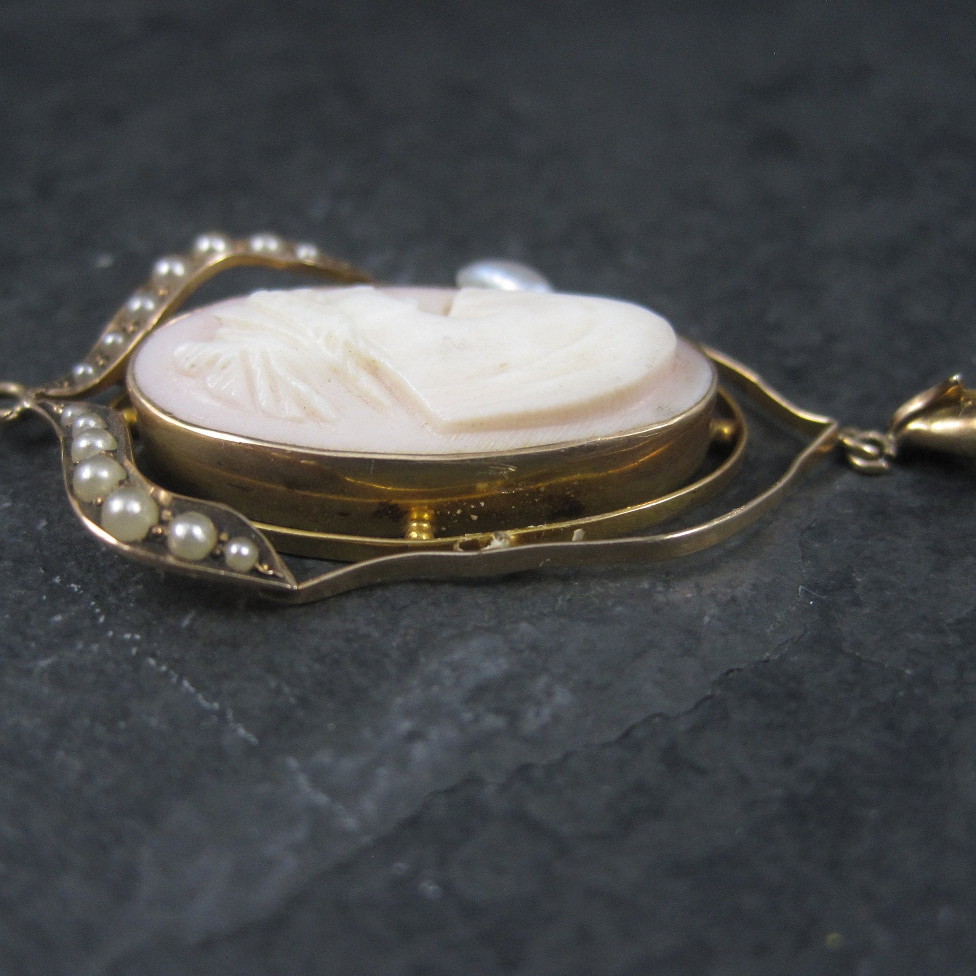 Antique 10K Seed Pearl Cameo Pendant
