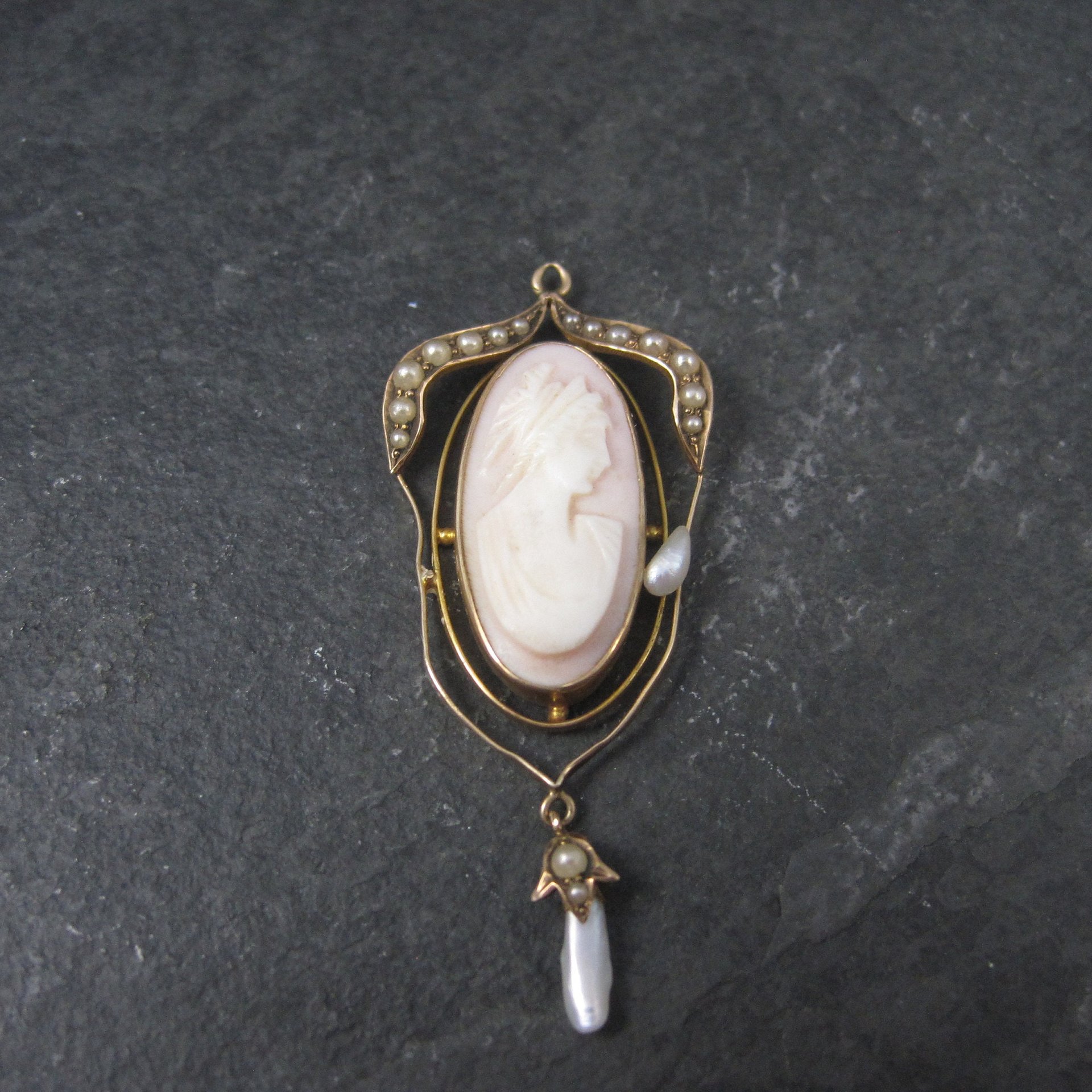 Antique 10K Seed Pearl Cameo Pendant