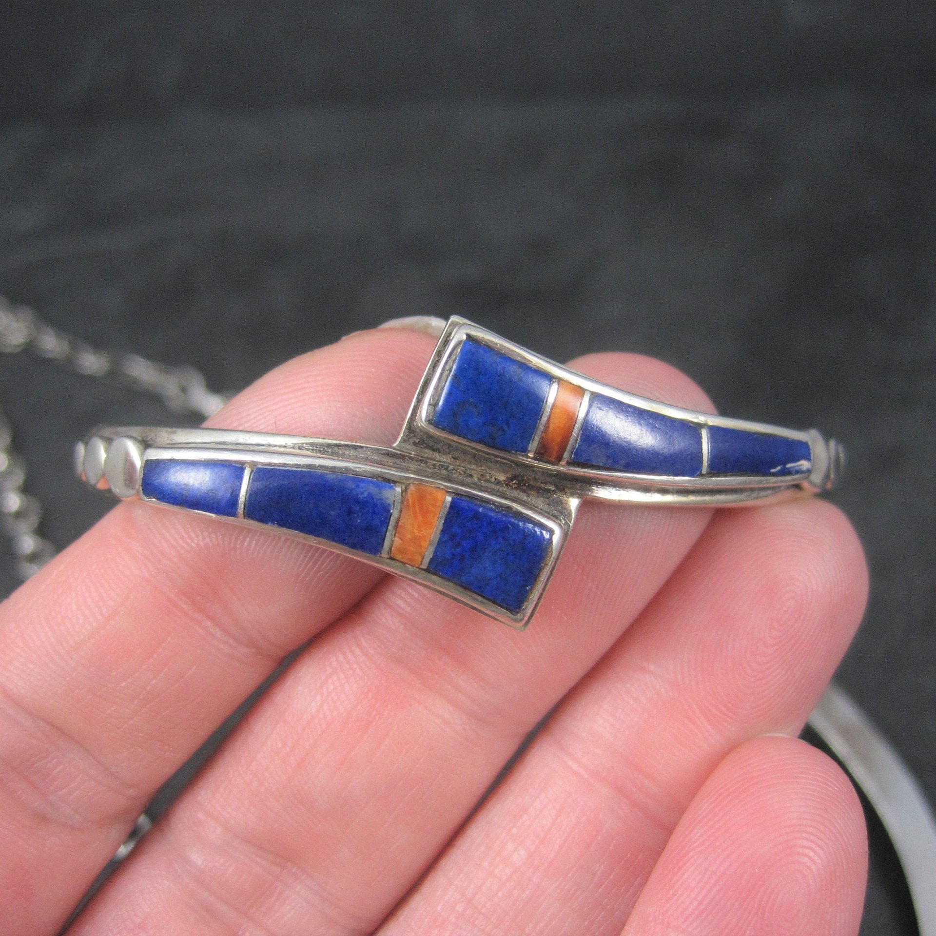 Vintage Southwestern Lapis Coral Inlay Jewelry Set Necklace Cuff Bracelet and Earrings