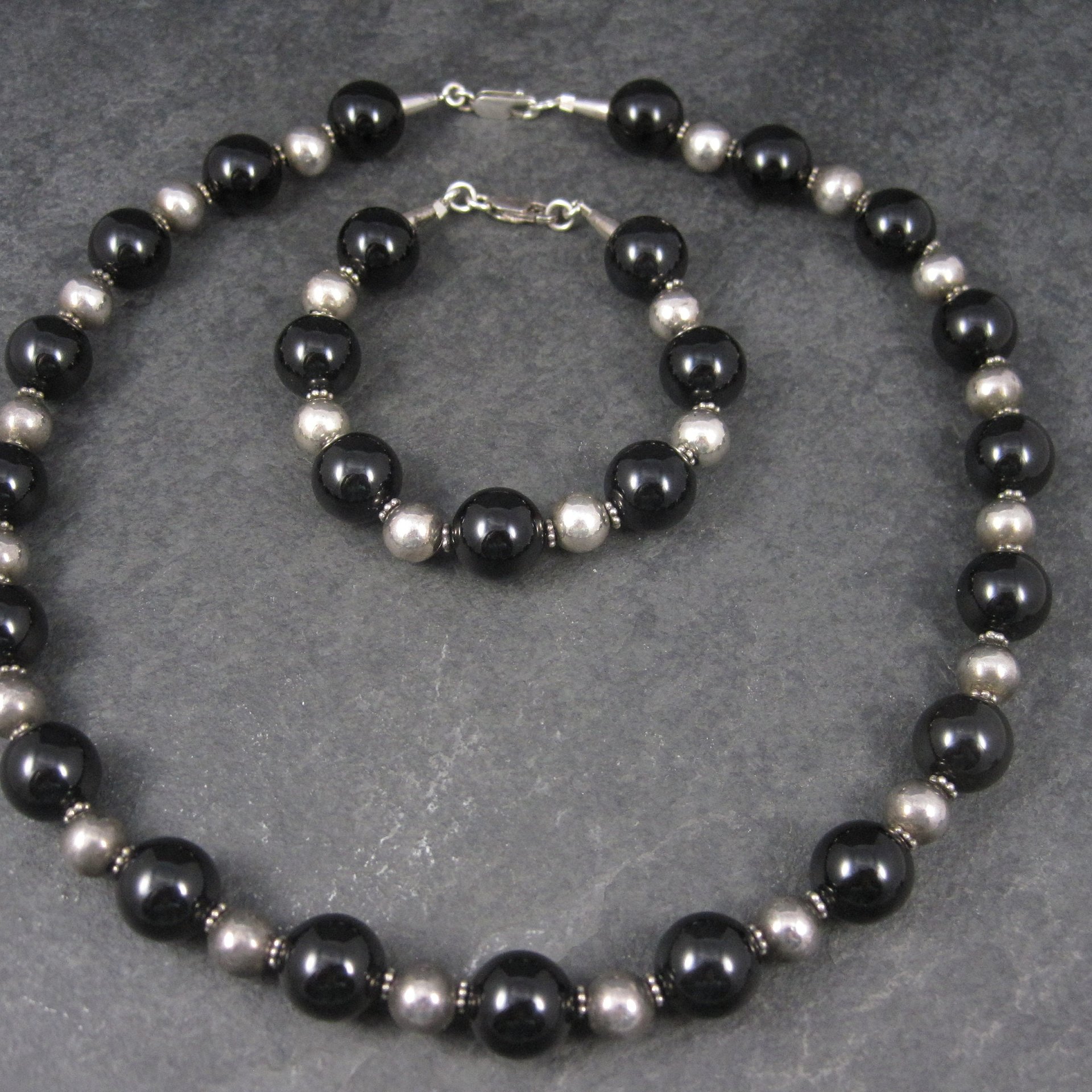 Vintage Black Sterling Bead Necklace and Bracelet Set