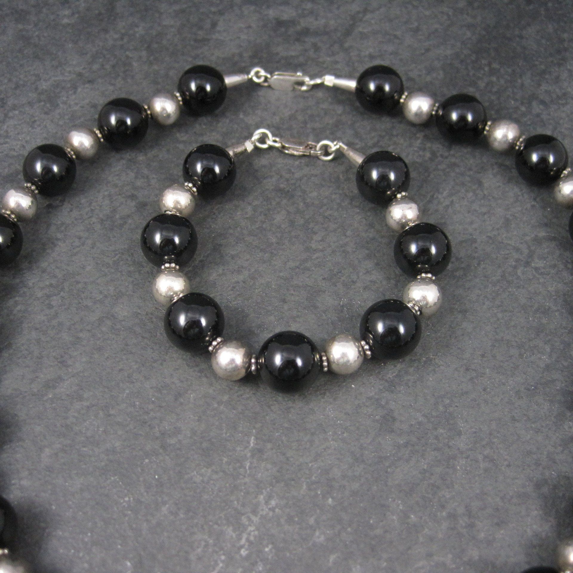 Vintage Black Sterling Bead Necklace and Bracelet Set