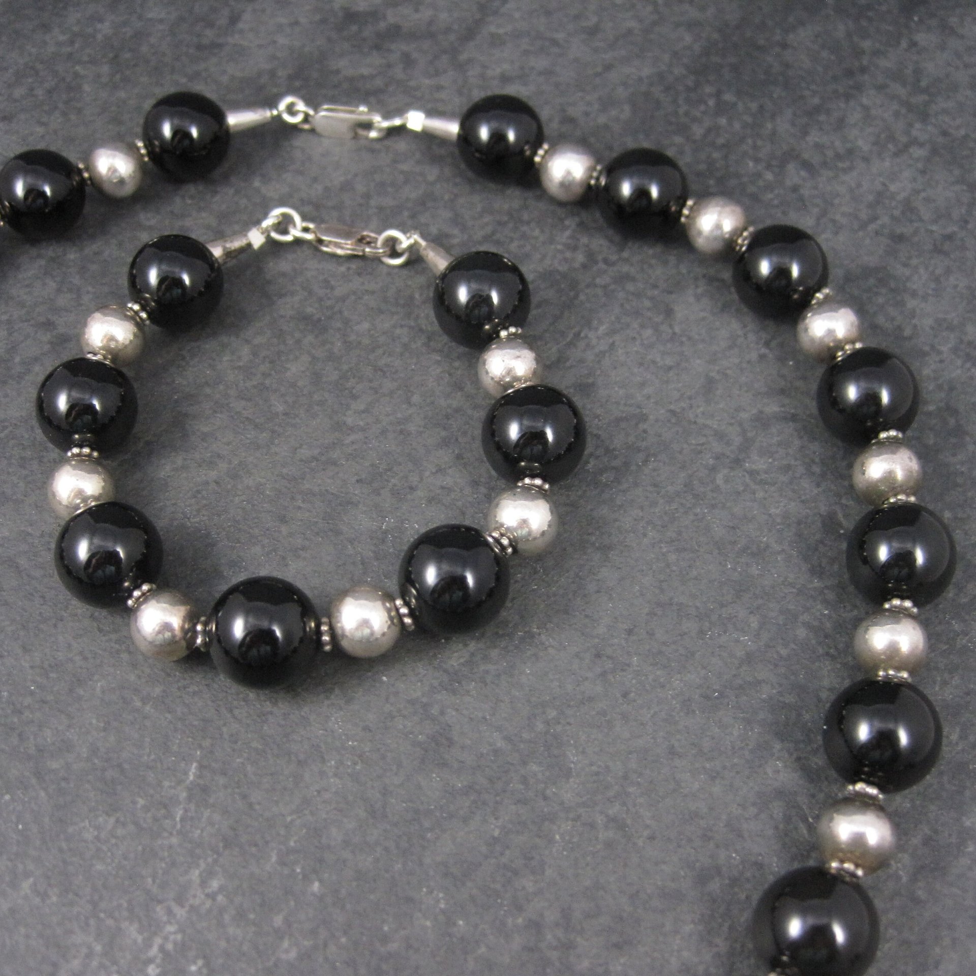 Vintage Black Sterling Bead Necklace and Bracelet Set