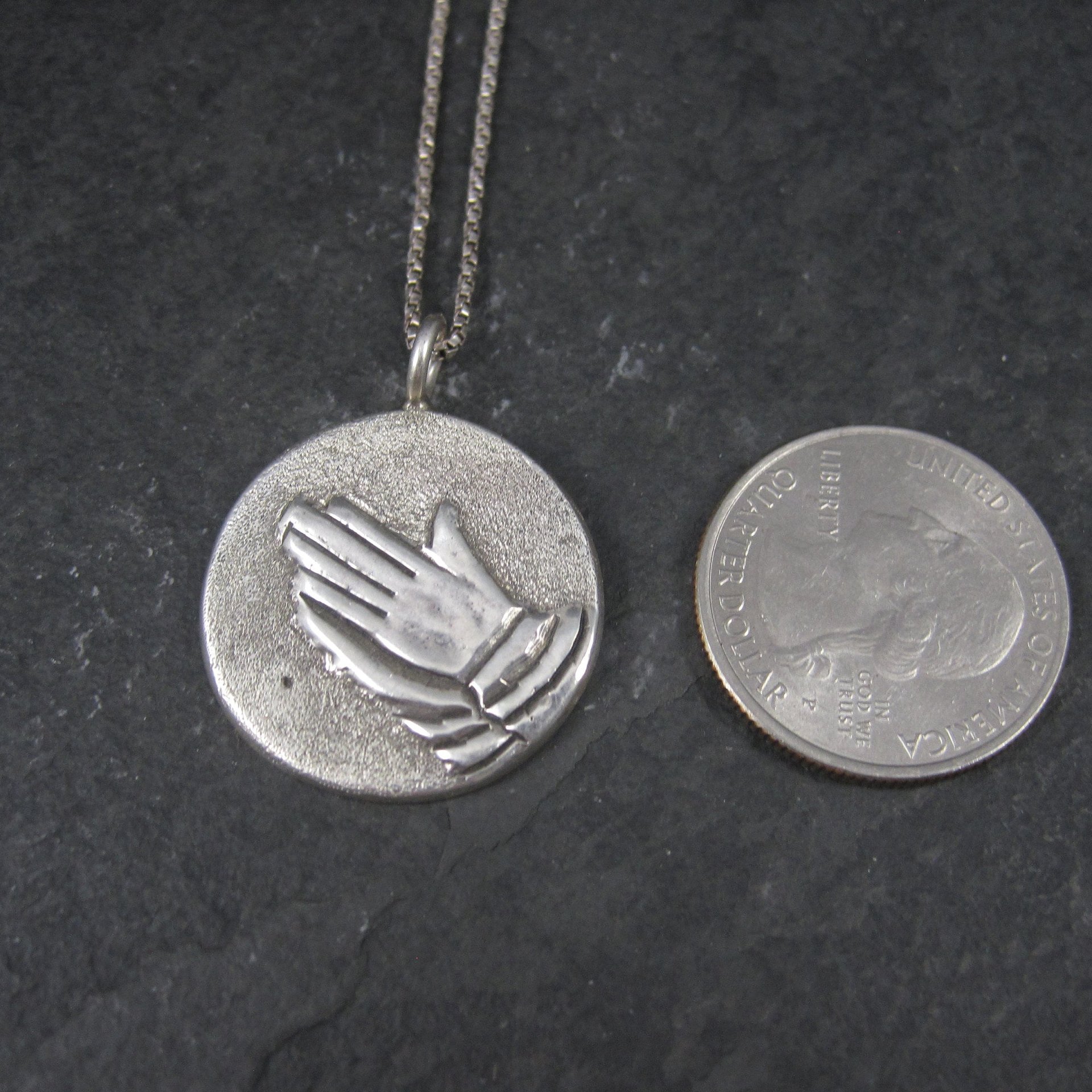 Vintage Sterling Praying Hands Pendant Necklace