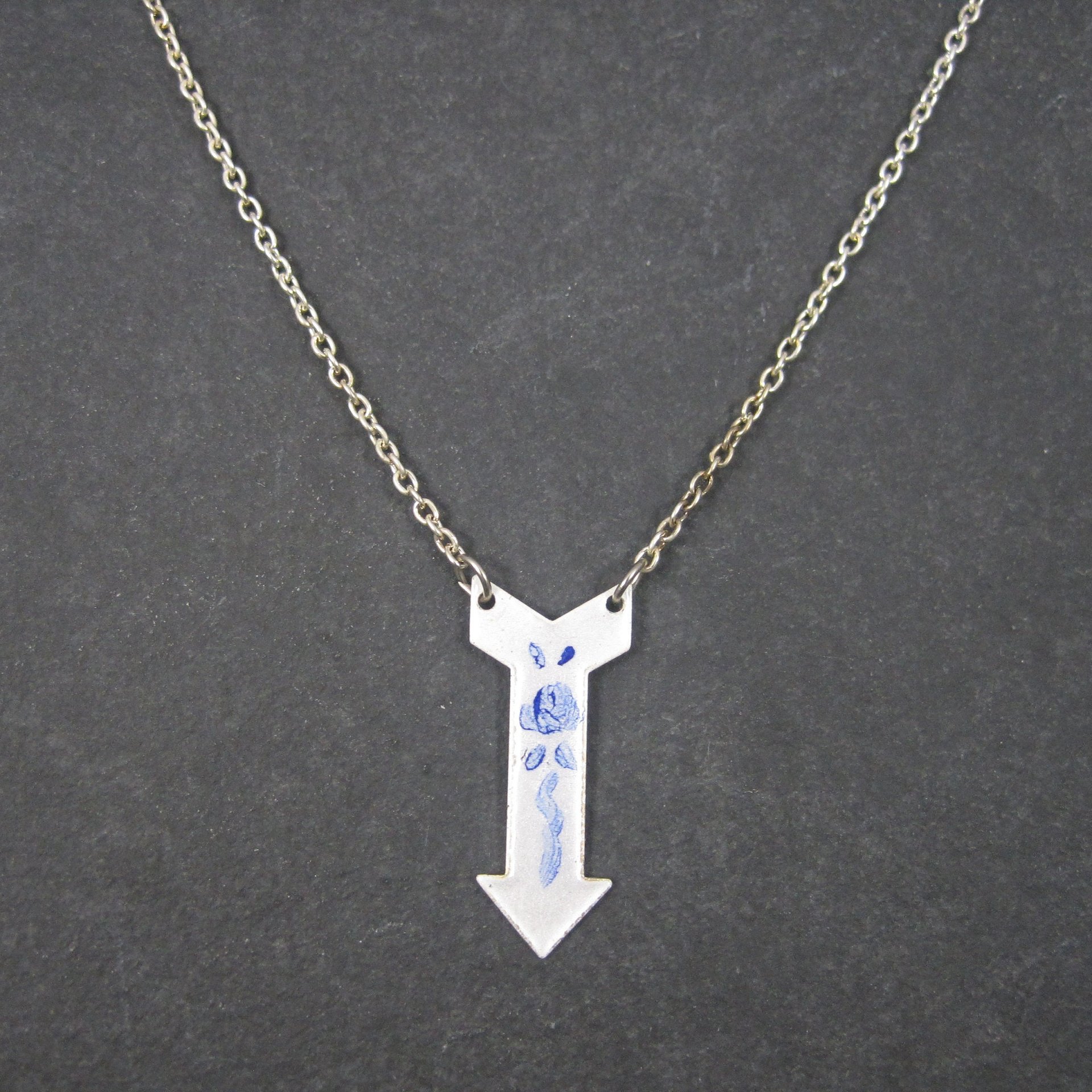 Vintage Blue White Guilloche Rose Arrow Pendant Necklace New Old Stock