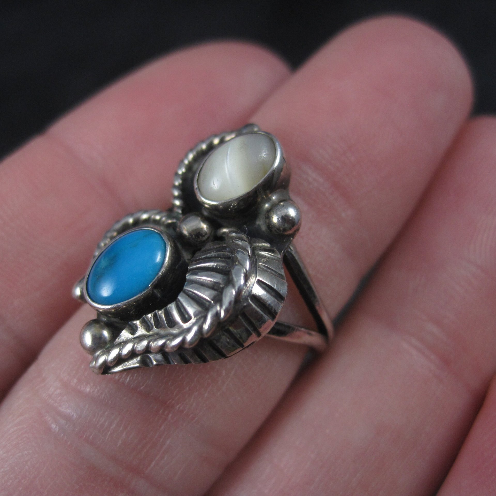 Vintage Southwestern Sterling Mother of Pearl Turquoise Ring Size 5 Pauline Dolly Foutz