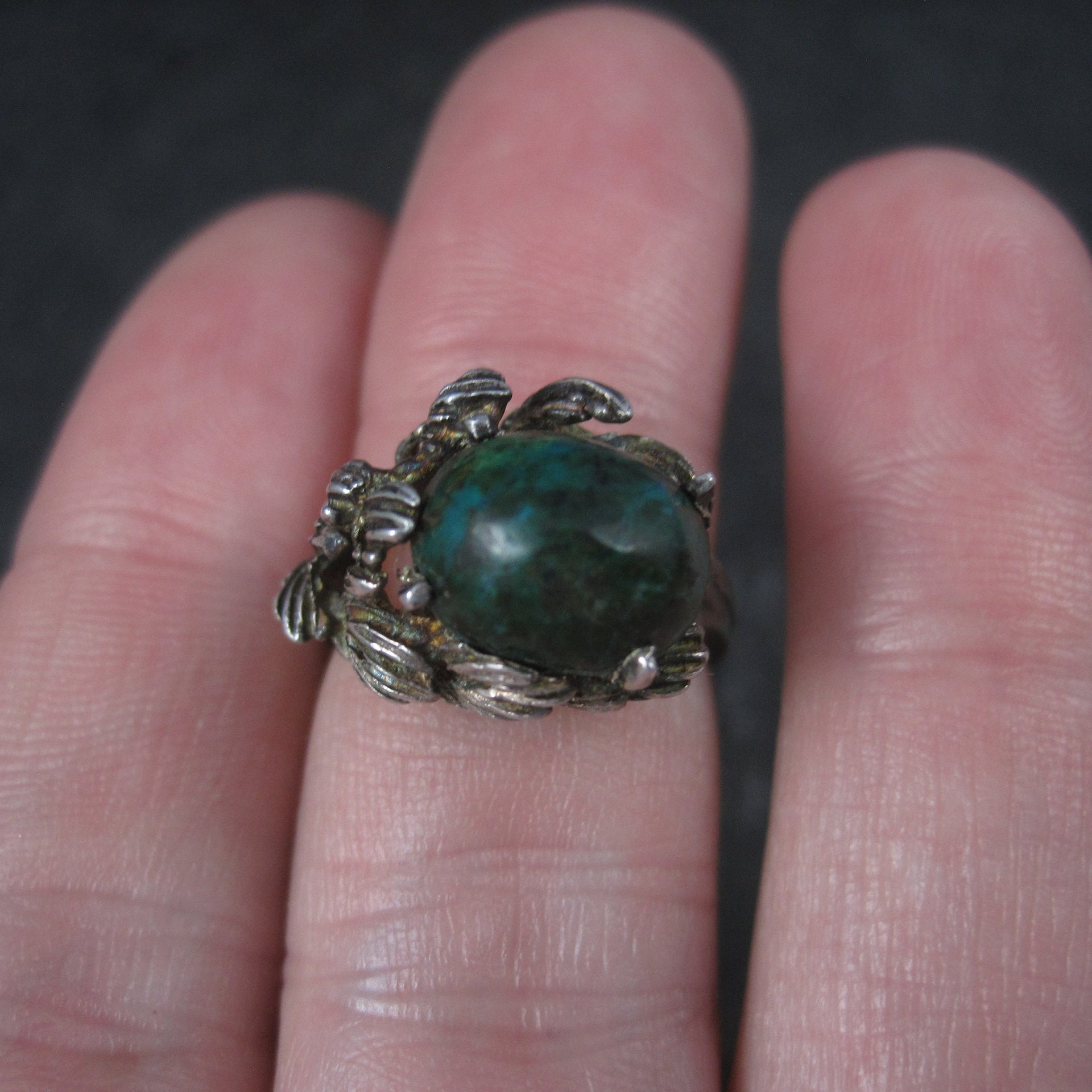 Unusual Vintage Sterling Chrysocolla Leaf Ring Size 5