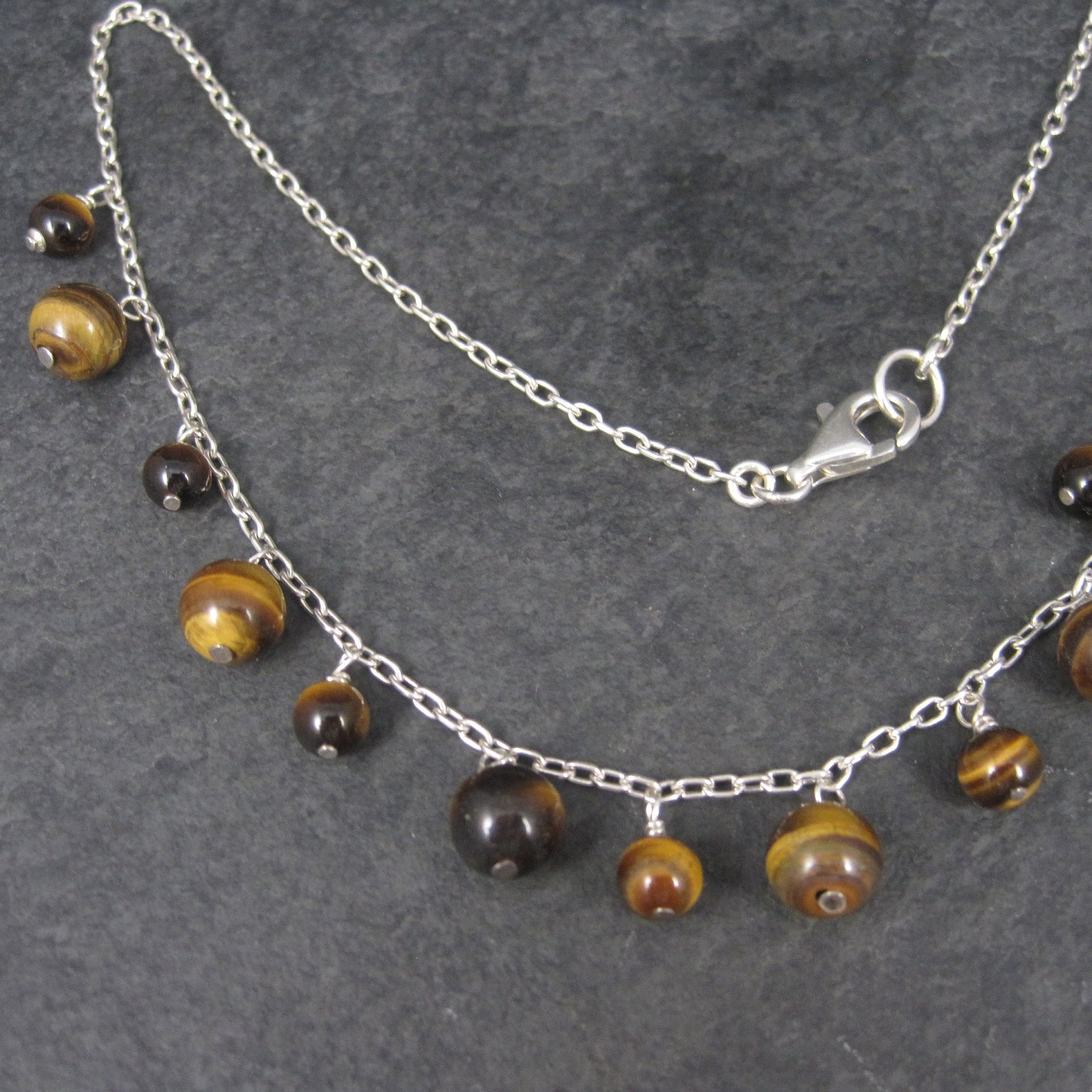 Vintage 90s Sterling Tiger Eye Dangle Necklace 16 Inches