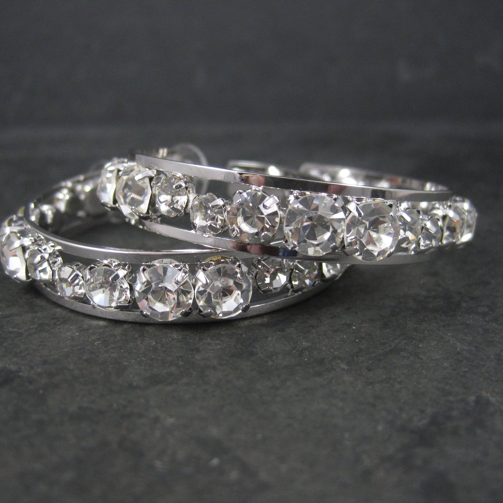 Huge 2.25 Inch Vintage Rhodium Plated Cubic Zirconia Hoop Earrings