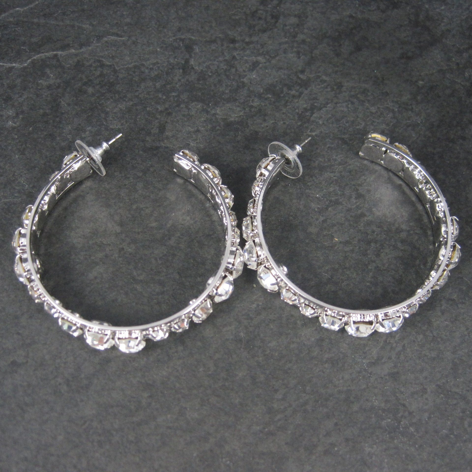 Huge 2.25 Inch Vintage Rhodium Plated Cubic Zirconia Hoop Earrings