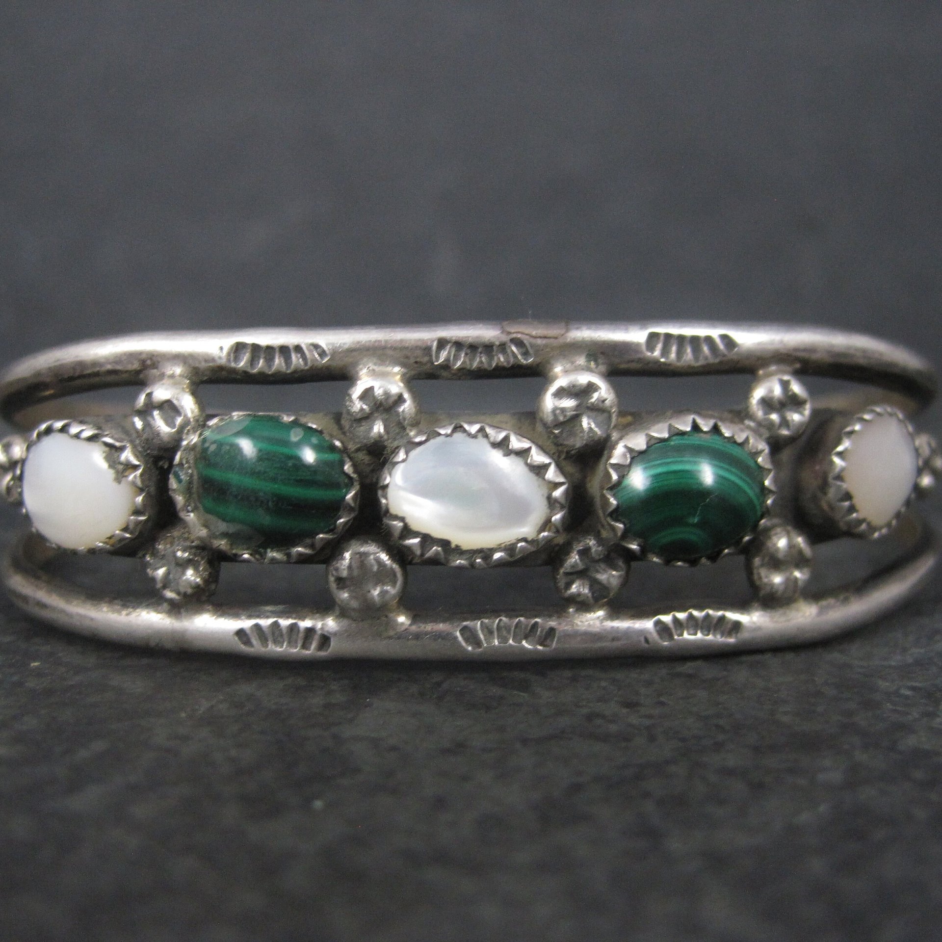 Vintage Southwestern Sterling Malachite Mother of Pearl Cuff Bracelet 6 Inches