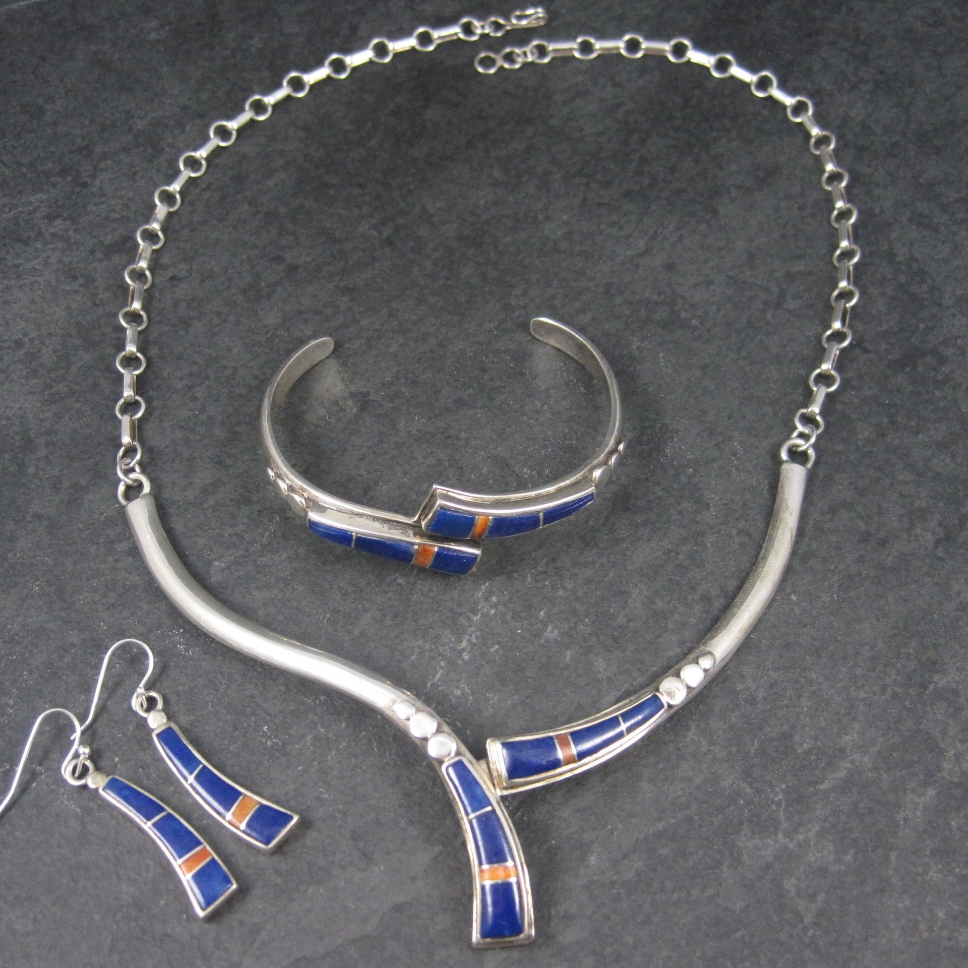 Vintage Southwestern Lapis Coral Inlay Jewelry Set Necklace Cuff Bracelet and Earrings
