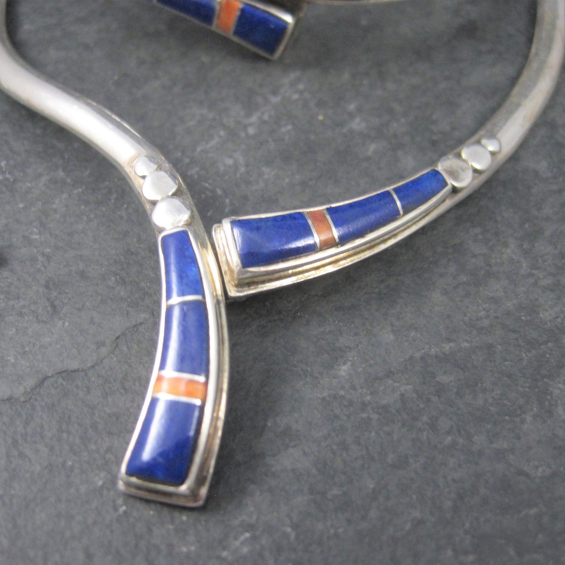 Vintage Southwestern Lapis Coral Inlay Jewelry Set Necklace Cuff Bracelet and Earrings