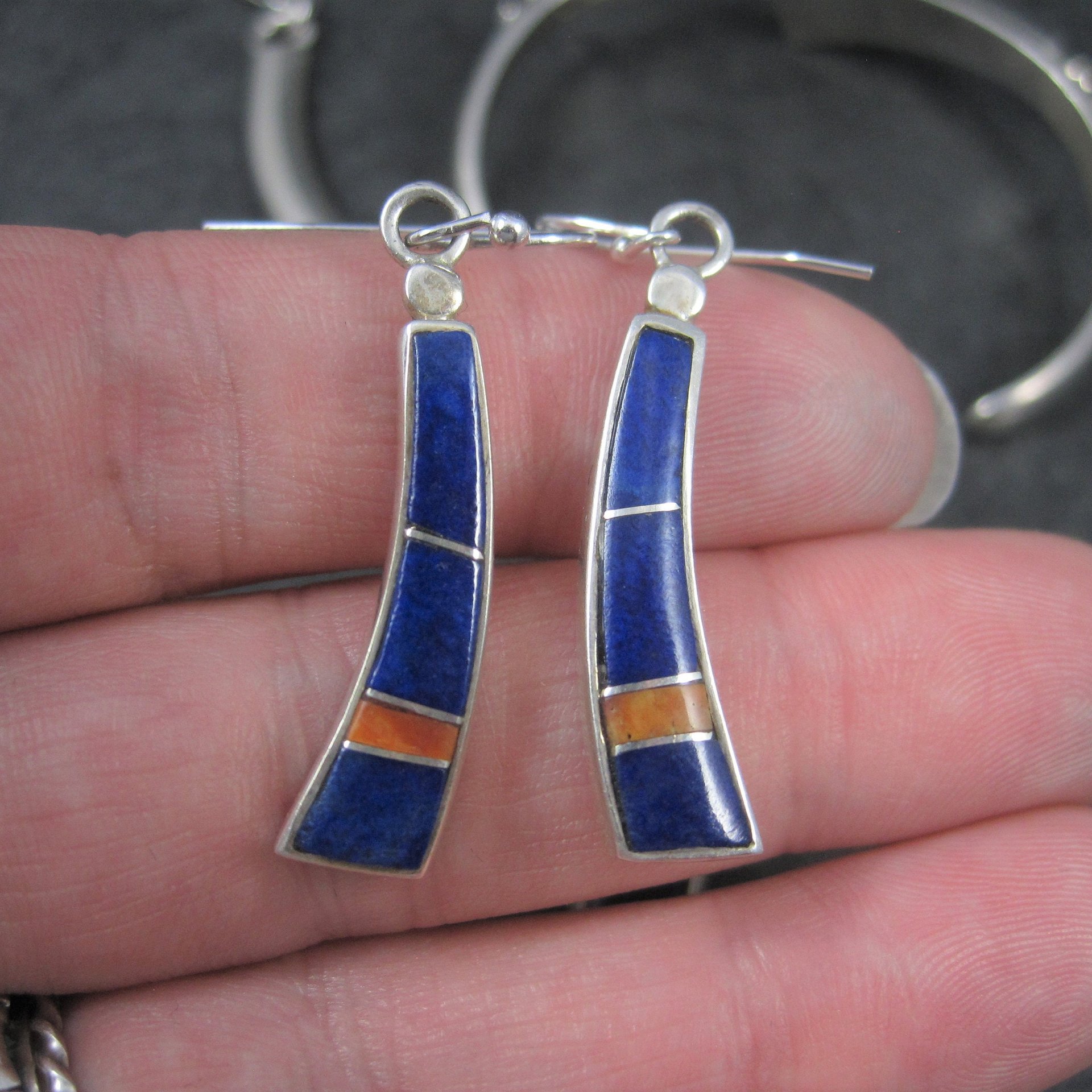 Vintage Southwestern Lapis Coral Inlay Jewelry Set Necklace Cuff Bracelet and Earrings