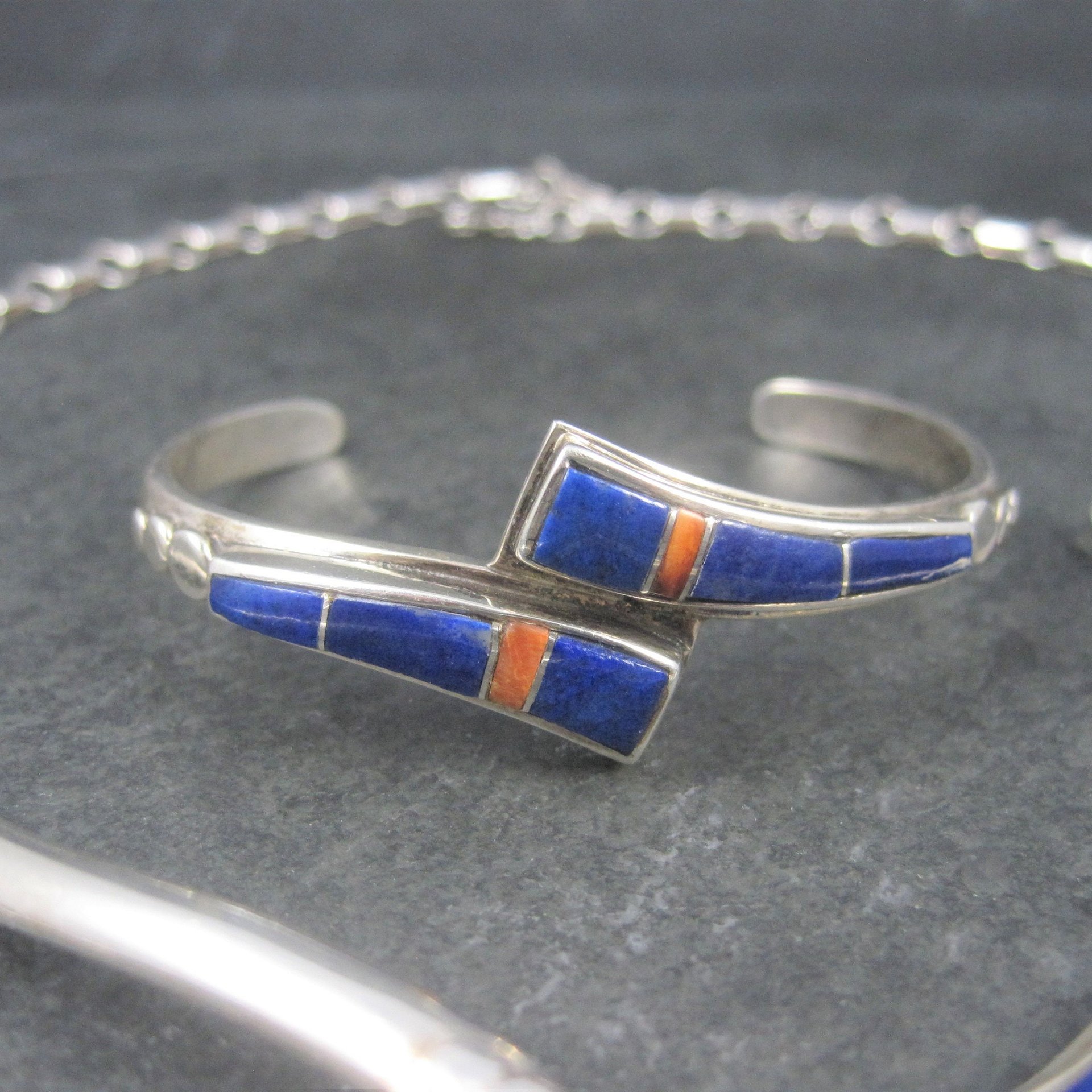 Vintage Southwestern Lapis Coral Inlay Jewelry Set Necklace Cuff Bracelet and Earrings