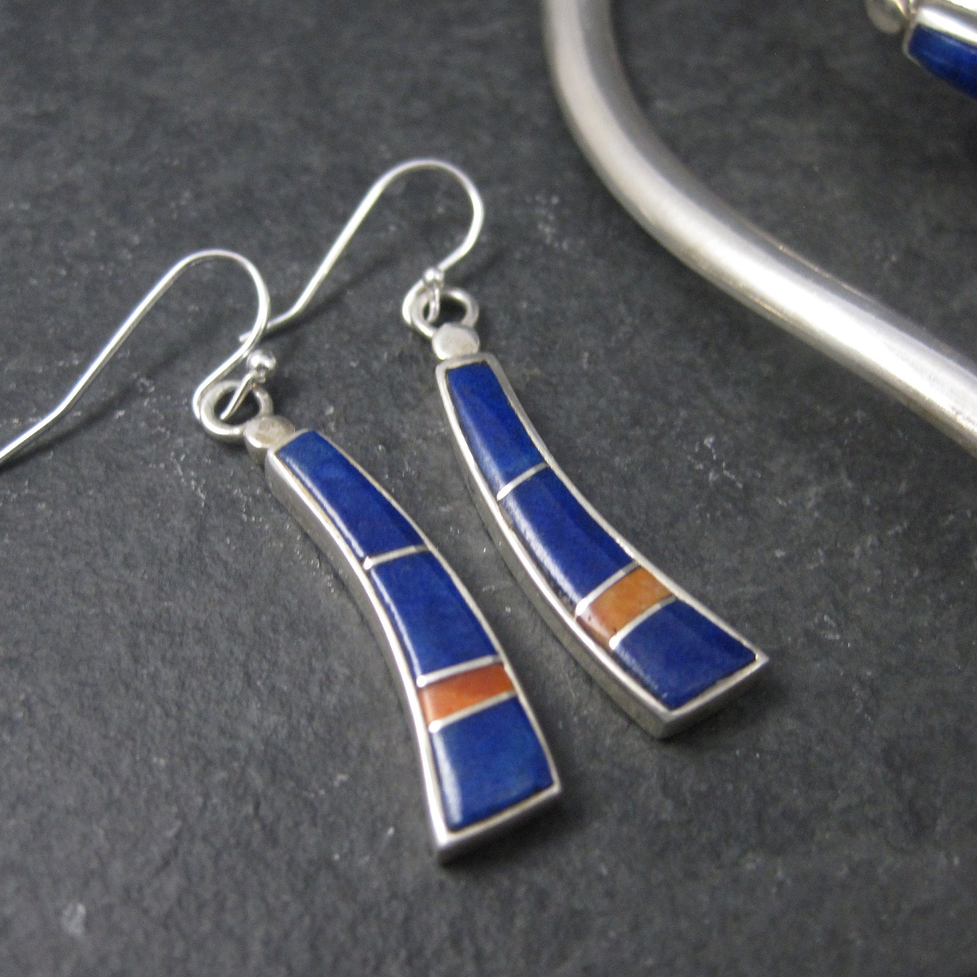 Vintage Southwestern Lapis Coral Inlay Jewelry Set Necklace Cuff Bracelet and Earrings