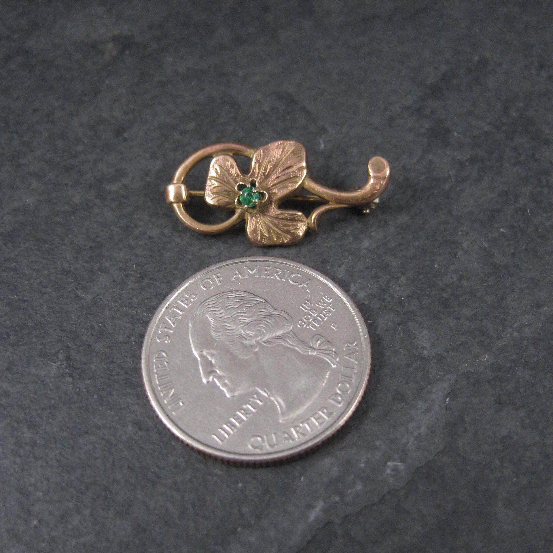 Estate Rose Gold Filled Green Rhinestone Leaf Brooch