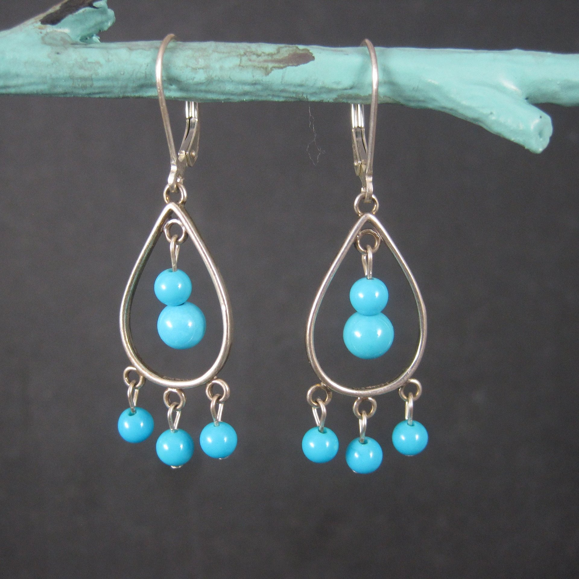 Vintage Sterling Blue Bead Dangle Earrings