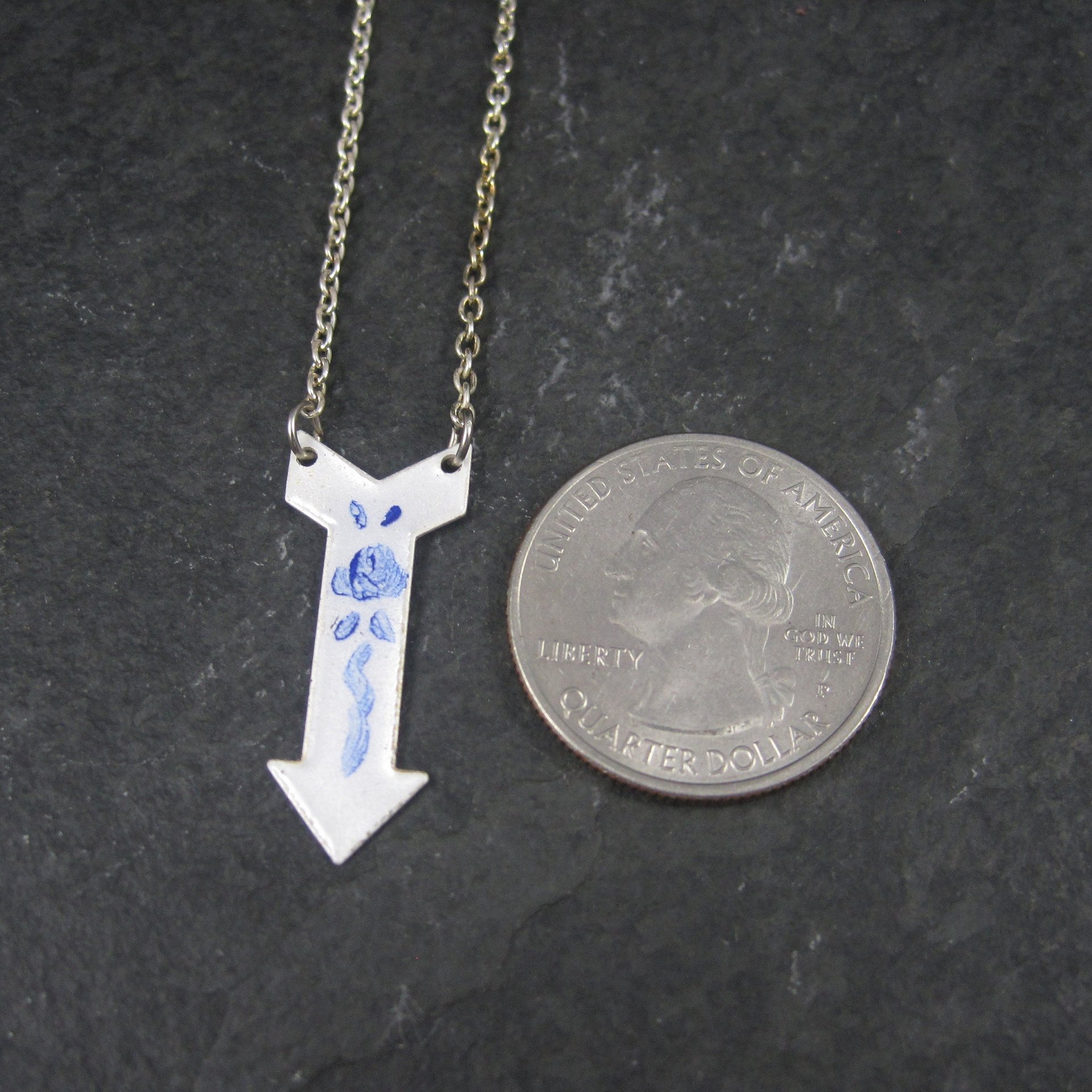 Vintage Blue White Guilloche Rose Arrow Pendant Necklace New Old Stock