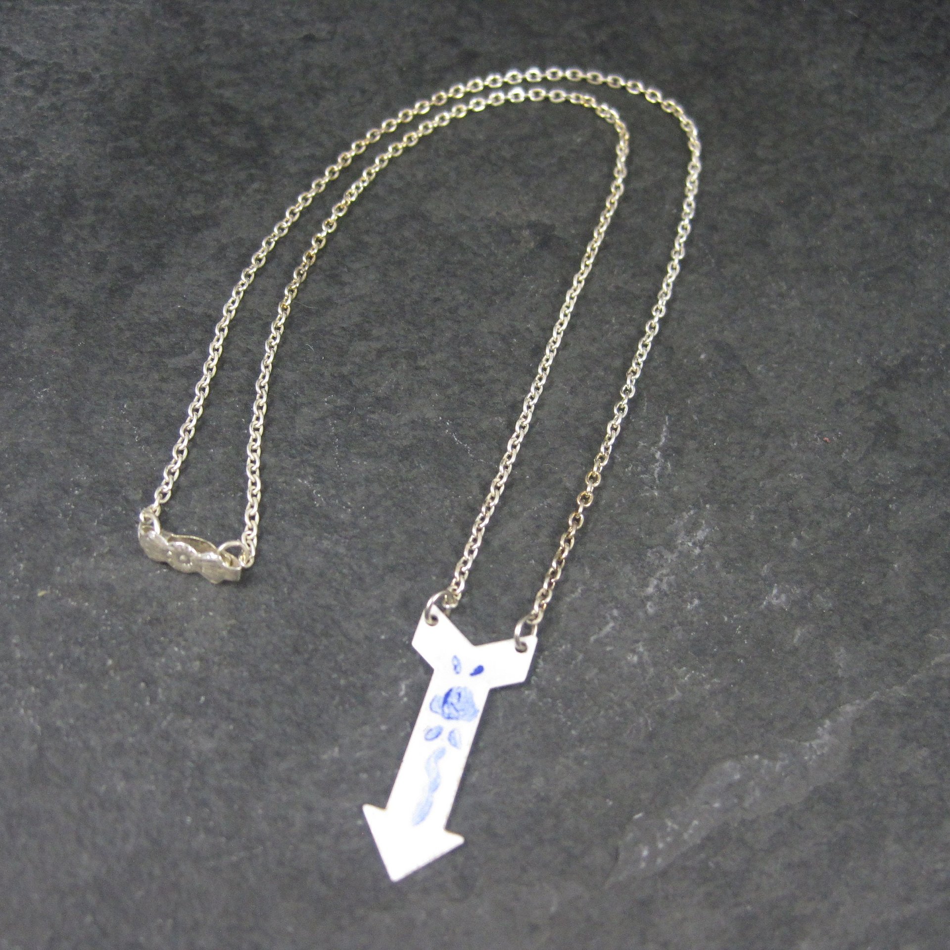 Vintage Blue White Guilloche Rose Arrow Pendant Necklace New Old Stock