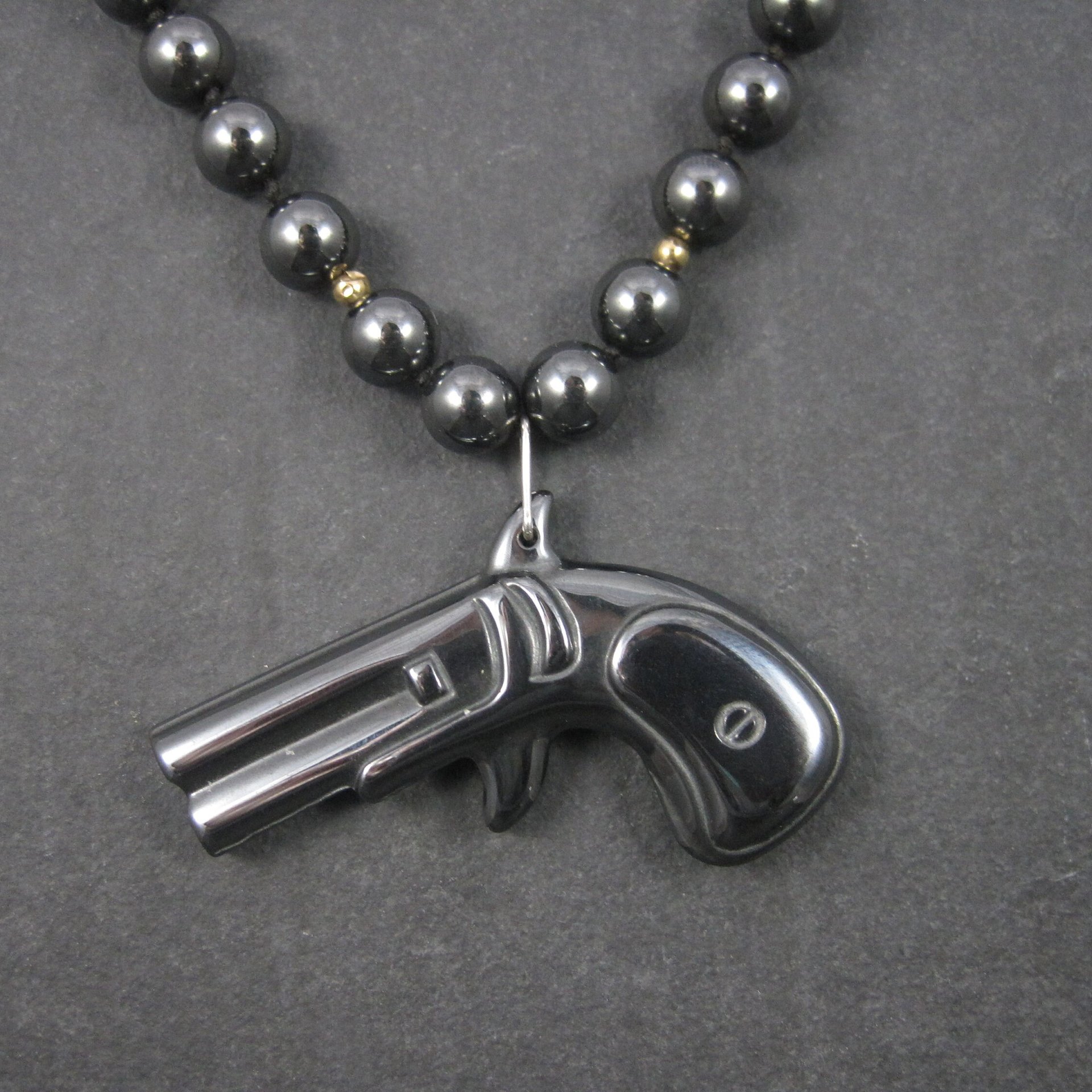 Vintage Carved Hematite Revolver Bead Necklace 24 Inches