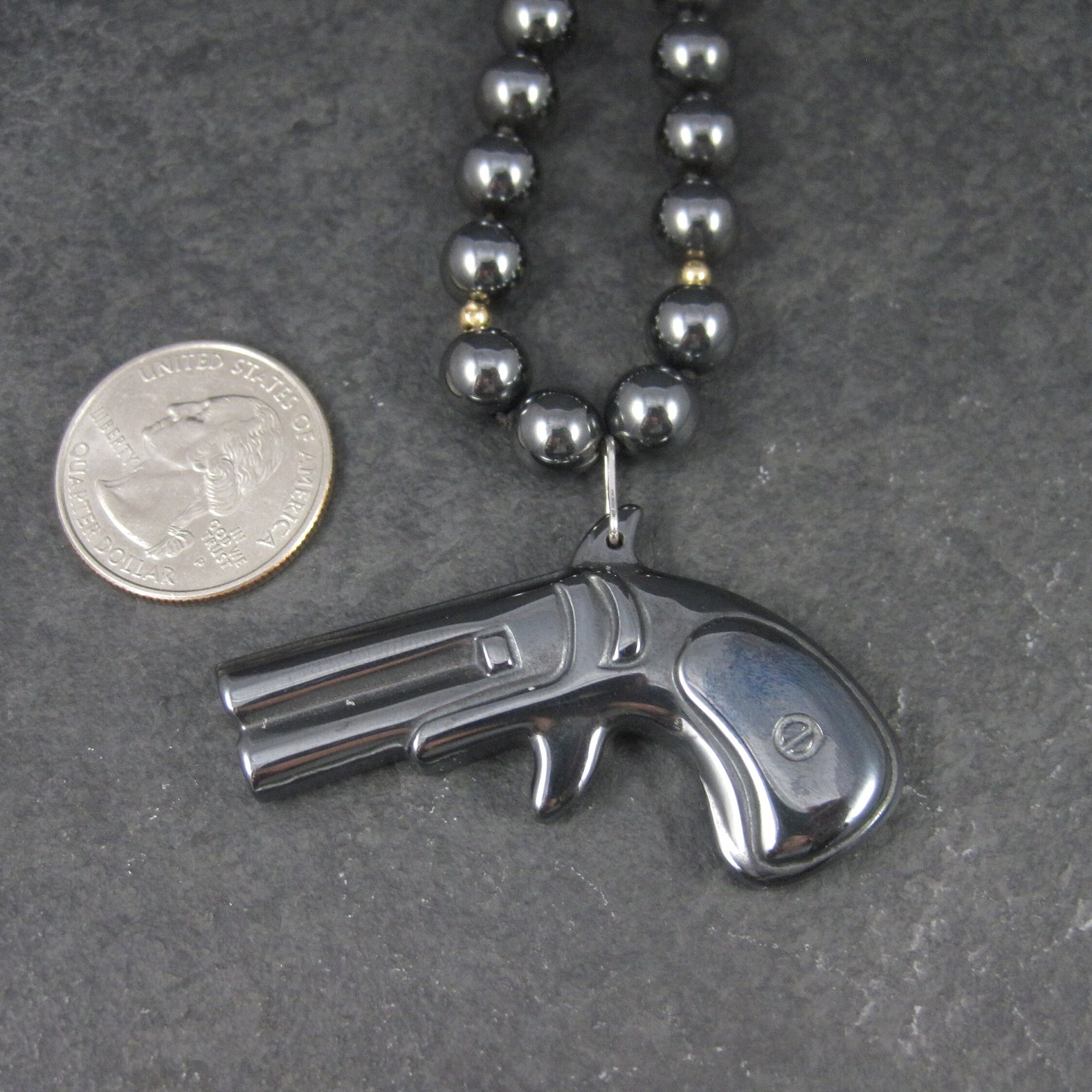 Vintage Carved Hematite Revolver Bead Necklace 24 Inches
