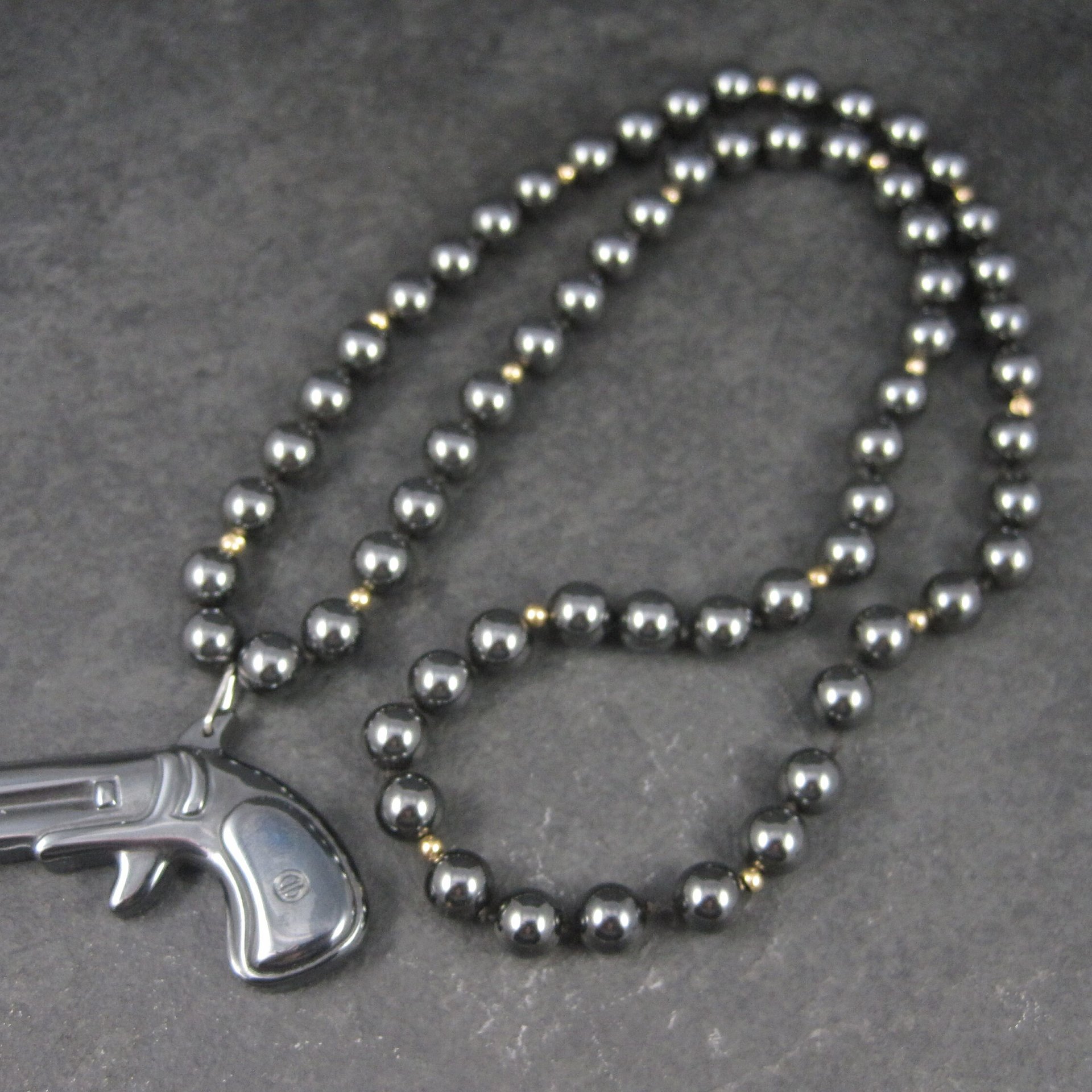Vintage Carved Hematite Revolver Bead Necklace 24 Inches