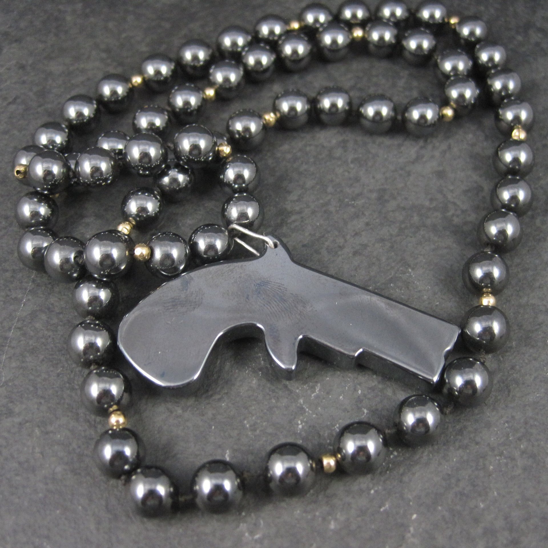 Vintage Carved Hematite Revolver Bead Necklace 24 Inches