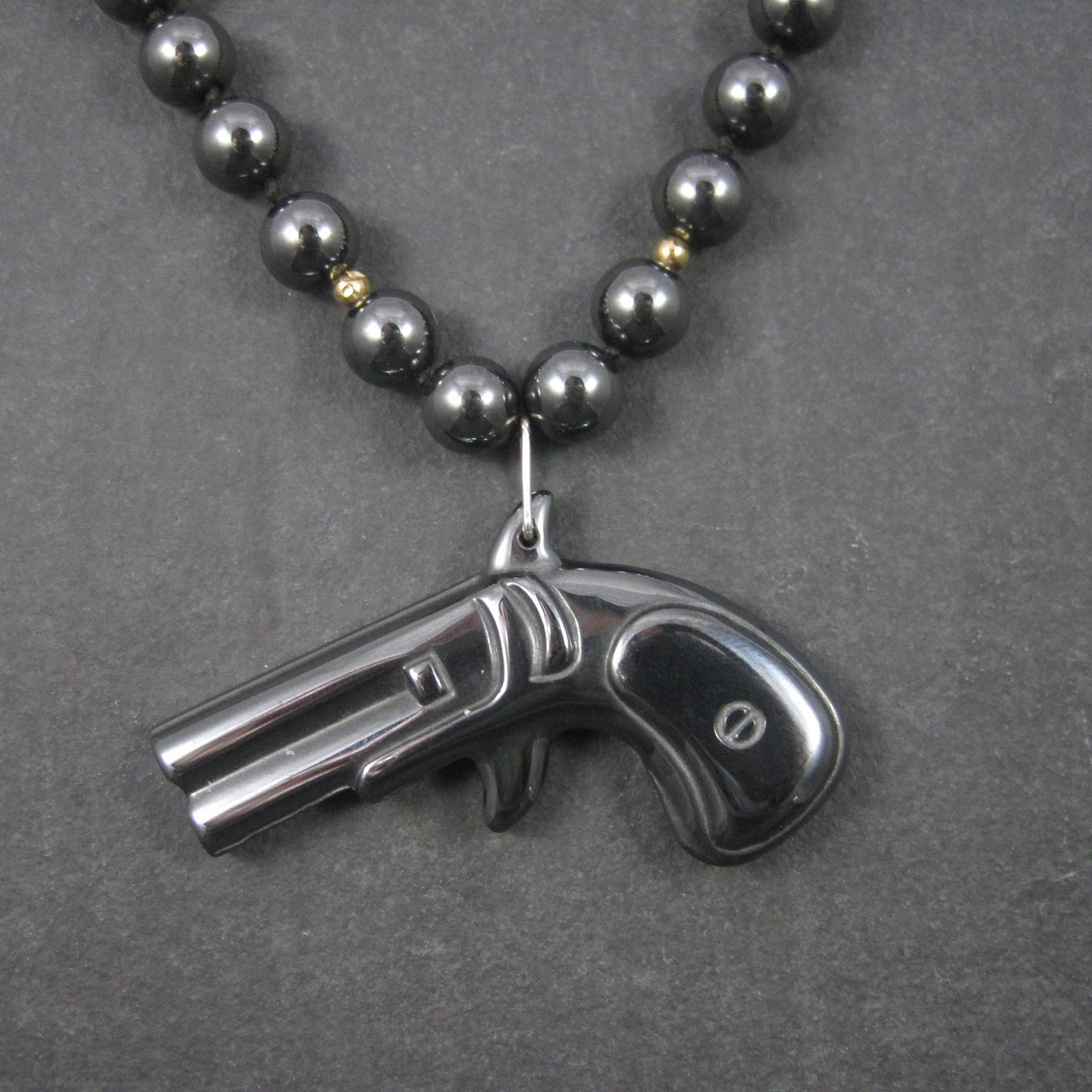 Vintage Carved Hematite Revolver Bead Necklace 24 Inches
