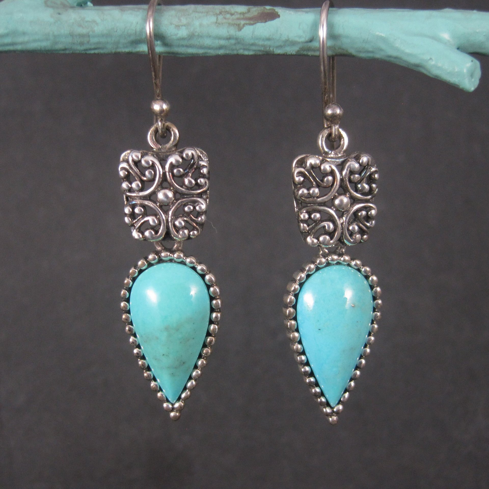 Long Vintage Sterling Balinese Turquoise Earrings